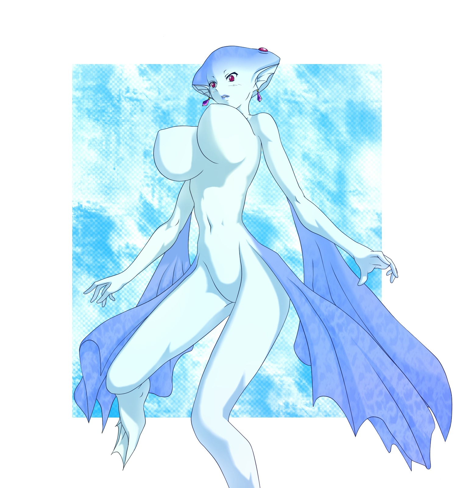 1girls alternate_breast_size artist_request blue_skin breasts earrings female female_only fin fish_girl floating_breasts highres jewelry large_breasts monster_girl navel no_nipples nude ocarina_of_time pointy_ears princess_ruto red_eyes rule34 solo tatsu_(pixiv842876) the_legend_of_zelda webbed_feet zora