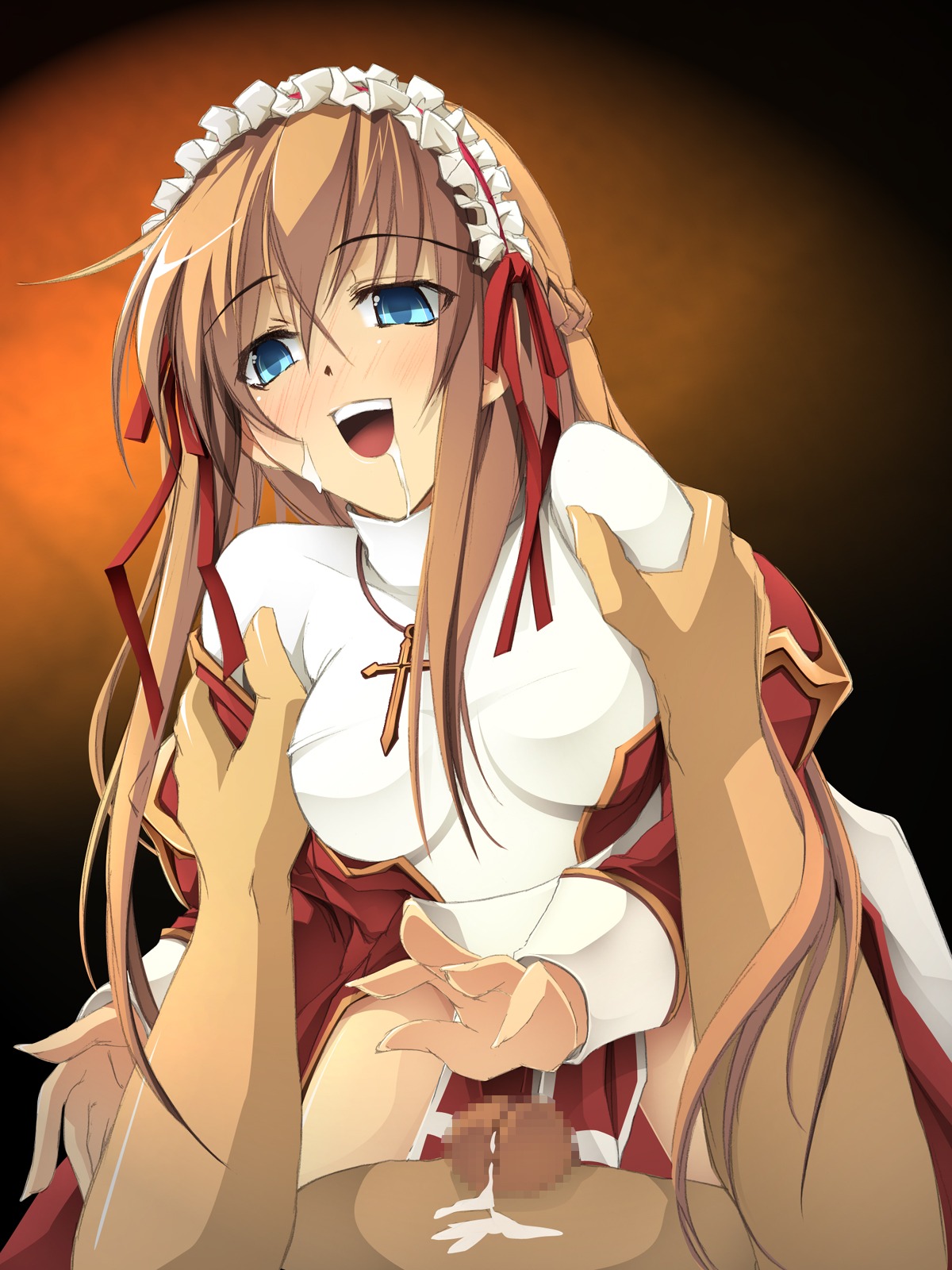 1boy 1girls blue_eyes breasts censored clothed_female clothed_female_nude_male clothing cowgirl_position cross_necklace cum dress female high_priest kyoro_(cothurnus) male mosaic_censoring nude ragnarok_online rule34 small_breasts