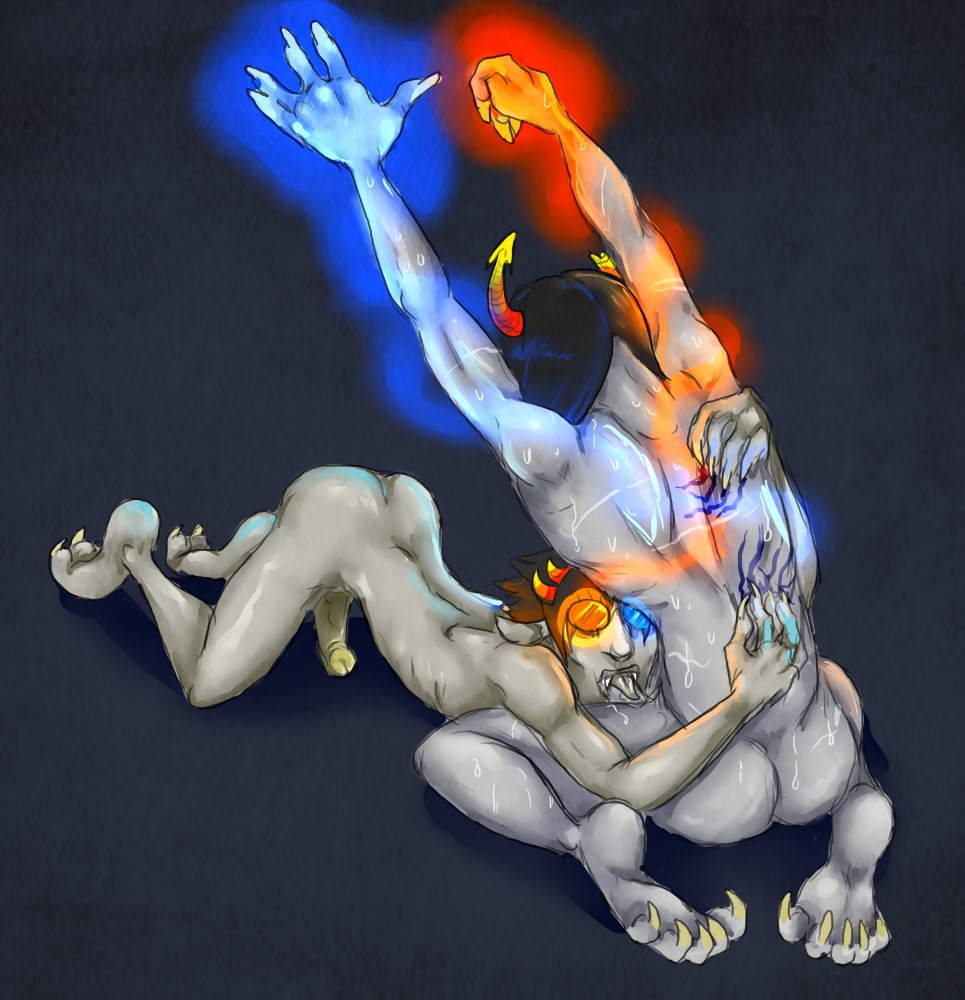 2boys artist_request ass black_hair equius_zahhak fellatio gay glasses grey_skin homestuck horns male ms_paint_adventures naked oral penis psionic_bondage psionics psychic rule34 sharp_teeth short_hair sollux_captor source_request sweat tongue tongue_out troll webcomic