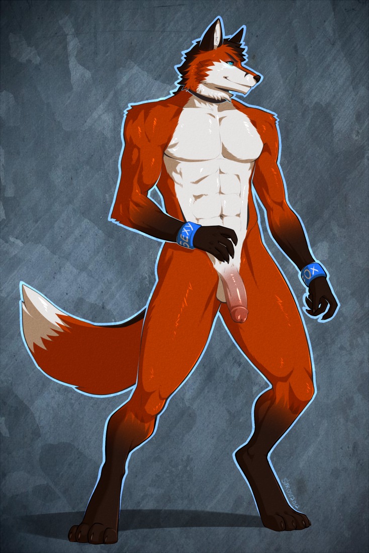 2012 abs abstract_background anthro athletic balls biceps biped blue_eyes brown_body brown_fur brown_nose canid canine chipfox circumcised claws collar dipstick_tail e621 flaccid fox fur genitals grin hair humanoid_genitalia humanoid_penis male mammal markings muscular muscular_anthro muscular_male nude pecs penis pinup pose red_fox simple_background smile solo spearfrost standing tail tail_markings toe_claws true_fox white_balls white_body white_fur wristband