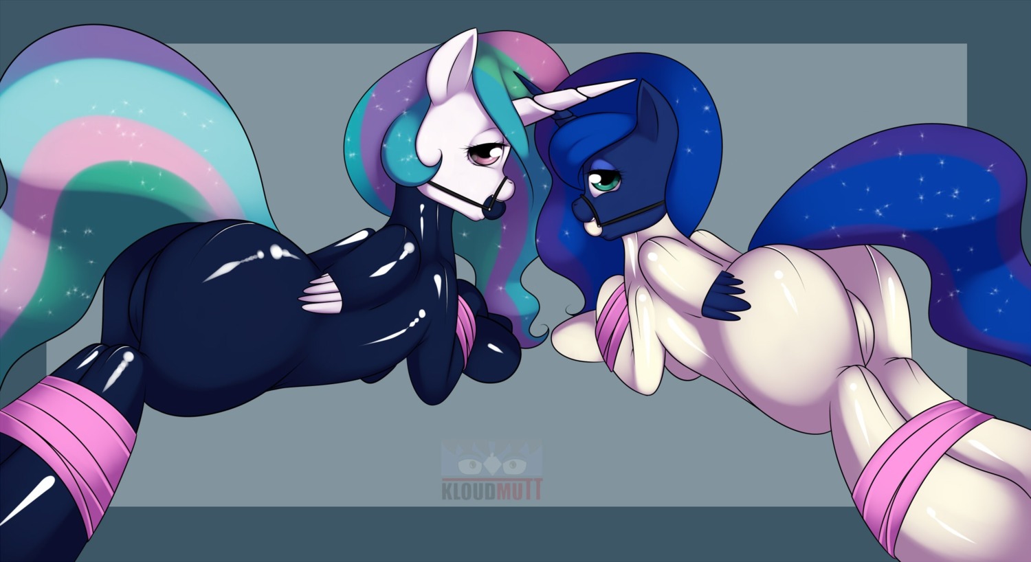 anthro anthrofied ball_gag bdsm bound butt camel_toe digital_media_(artwork) duo e621 equid equine female friendship_is_magic gag gagged hasbro hi_res horse kloudmutt latex looking_at_viewer looking_back lying mammal my_little_pony on_front pony princess princess_celestia_(mlp) princess_luna_(mlp) royalty tail
