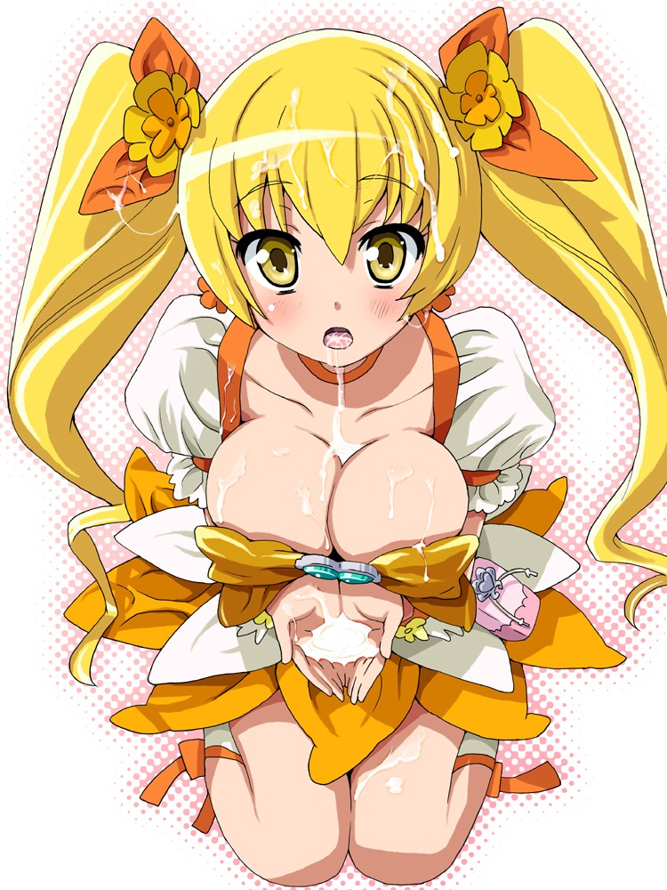 blonde_hair blush breasts cleavage clothing cum cum_in_mouth cum_on_body cum_on_breasts cum_on_upper_body cure_sunshine female heartcatch_precure! homing_(areya) kneeling large_breasts magical_girl myoudouin_itsuki precure pretty_cure rule34 skirt tied_hair twintails yellow_eyes