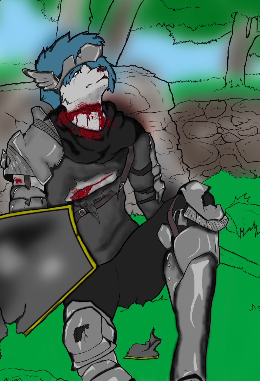 anthro blood bodily_fluids canid canine canis clothing death defeated detailed_background domestic_dog dying e621 fight forest hair hi_res knight male mammal medieval melee_weapon military outside plant rock serious soldier solo sword tree voshiket warrior weapon