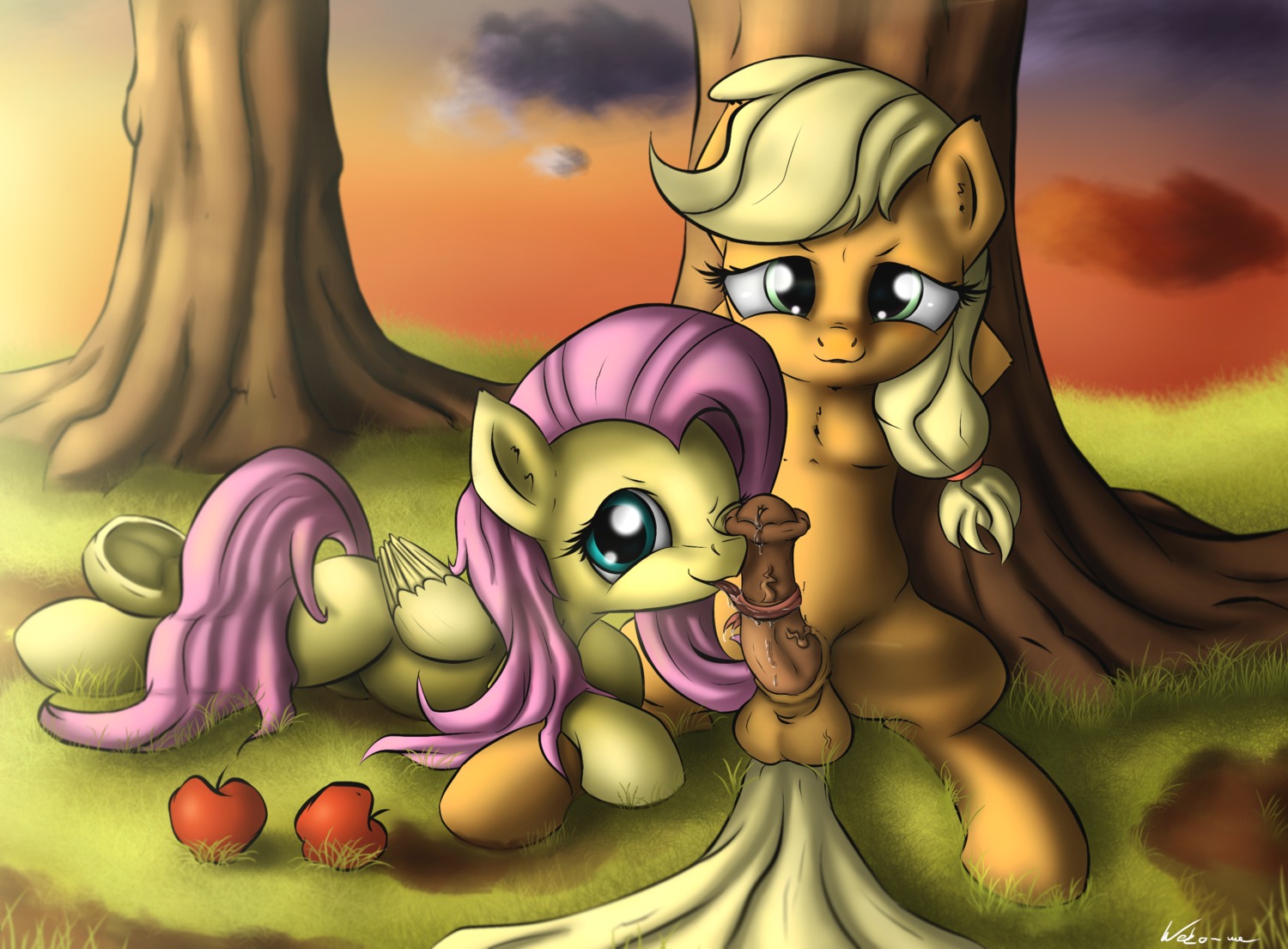 2014 animal_genitalia animal_penis apple applejack_(mlp) balls blonde_hair bodily_fluids cloud crossgender duo e621 earth_pony equid equine equine_genitalia equine_penis erection feathered_wings feathers female feral fluttershy_(mlp) food friendship_is_magic fruit fur genital_fluids genitals grass green_eyes gynomorph gynomorph/female hair hasbro hi_res horse intersex intersex/female licking looking_at_viewer lying mammal my_little_pony mythological_creature mythological_equine mythology neko-me on_back on_side one_eye_closed oral orange_body orange_fur outside pegasus penile penis penis_lick pink_hair plant pony precum resting sex tongue tongue_out tree vein wings yellow_body yellow_feathers yellow_fur