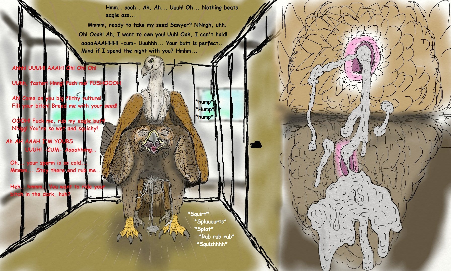 accipitrid accipitriform animal_genitalia avian avian_feet bird bodily_fluids claws cloaca cloacal cloacal_kiss close-up cum dialogue duo e621 eagle english_text feet feral ferobird from_behind_position front_view genital_fluids genitals golden_eagle griffon_vulture hi_res male male/male old_world_vulture round_cloaca sawyer_(ferobird) sex talons text toe_claws toes true_eagle vulture