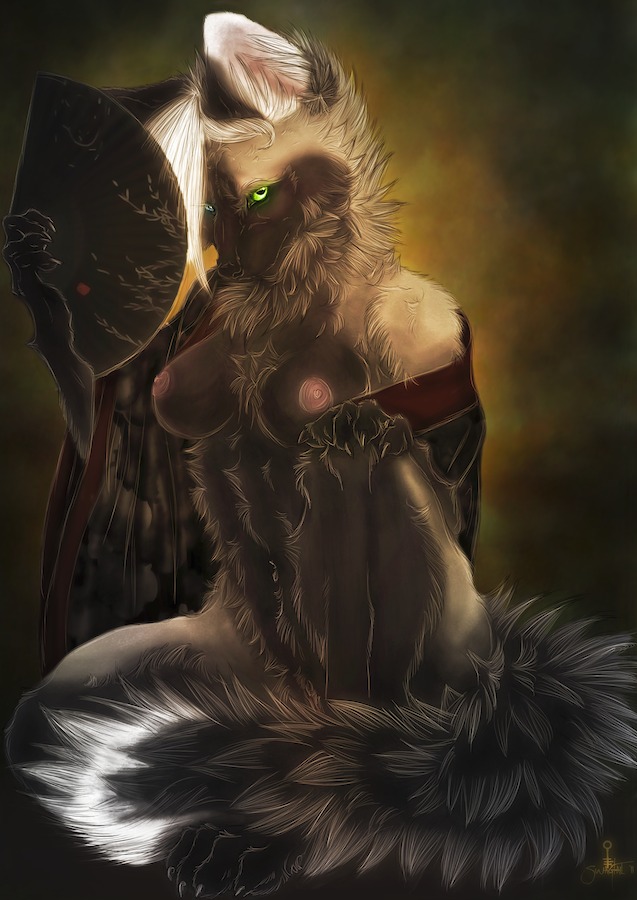 anthro black_body black_fur blue_eyes breasts brown_body brown_fur canid canine clothed clothing e621 female fluffy fox fur genitals glowing glowing_eyes green_eyes hair hand_fan heterochromia looking_at_viewer mammal mearu nipples nude pinup pose skimpy solo tail undressing vulva white_body white_fur white_hair yellow_body yellow_fur