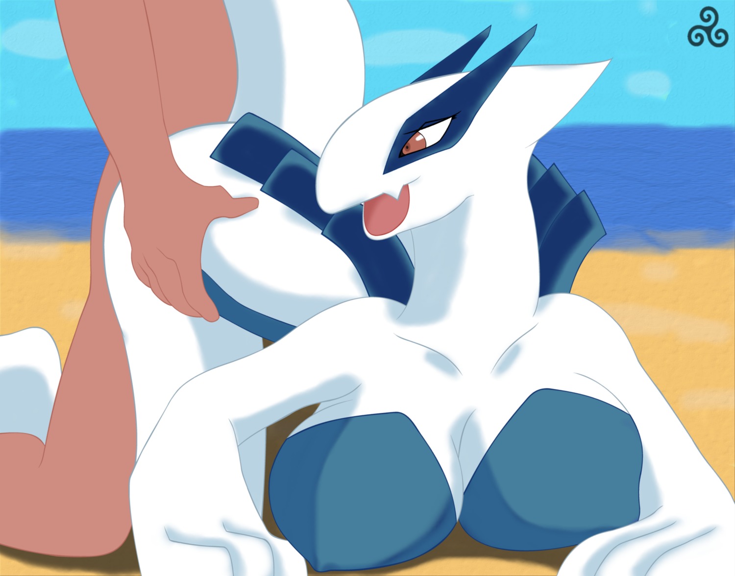 anthro ass ass_grab avian beach big_breasts breasts color day doggy_style female front_view human interspecies legendary_pokemon lugia male nude outdoors pokemon pokemon_(species) pokephilia rule34 sex straight tagme three-dog
