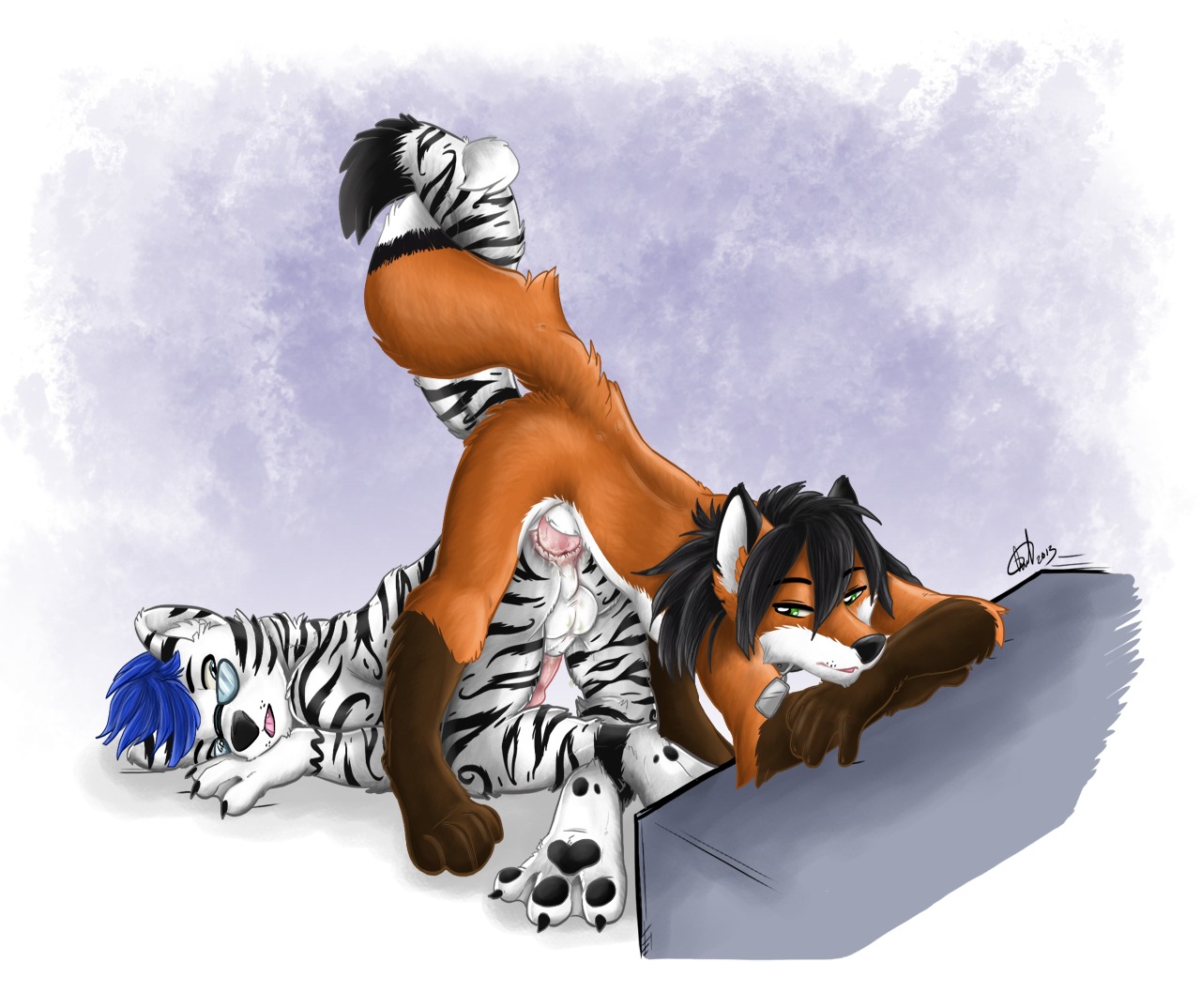 2013 anal anal_knotting anal_penetration animal_genitalia animal_penis anthro anus ass_to_ass balls black_hair bound canid canine canine_genitalia canine_penis dog_tags dominant dominant_male duo e621 entwined_tails erection eyewear feet felid fox fur genitals glasses hair hybrid knot knotting kwik_(artist) long_tail lying male male/male male_penetrated male_penetrating male_penetrating_male mammal membrane_(anatomy) mustelid nekari_varra nekarivarra nude on_front otter pantherine penetration penis sex stripes submissive submissive_male tail tail_coil tiger toes tying webbed_feet webbed_hands white_body white_fur