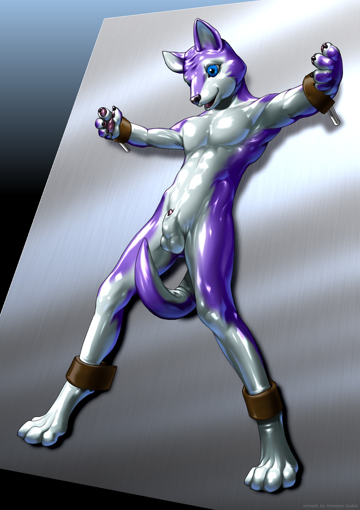animal_genitalia anthro bdsm blue_eyes bondage bound canid canine e621 genitals hi_res kemono_inukai latex male mammal nude penis penis_tip sheath solo submissive submissive_male tail