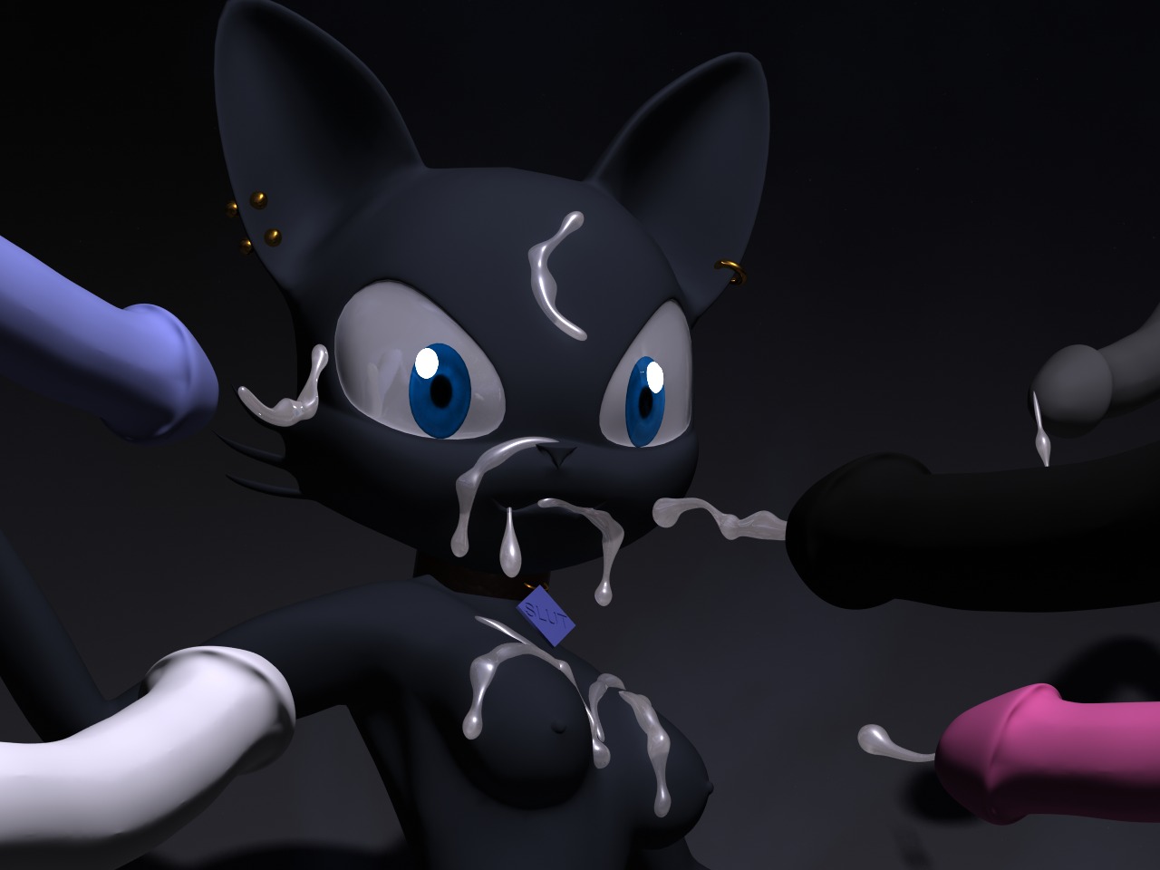 3d_(artwork) 4:3 anthro black_body black_fur blue_eyes bodily_fluids breasts bukkake collar cum cum_in_mouth cum_inside cum_on_breasts cum_on_face cumshot destiny_(character) destiny_blackmoon digital_media_(artwork) domestic_cat e621 ear_piercing ejaculation erection felid feline felis female fur genital_fluids genitals group male male/female mammal nipples nude orgasm penis piercing solo_focus