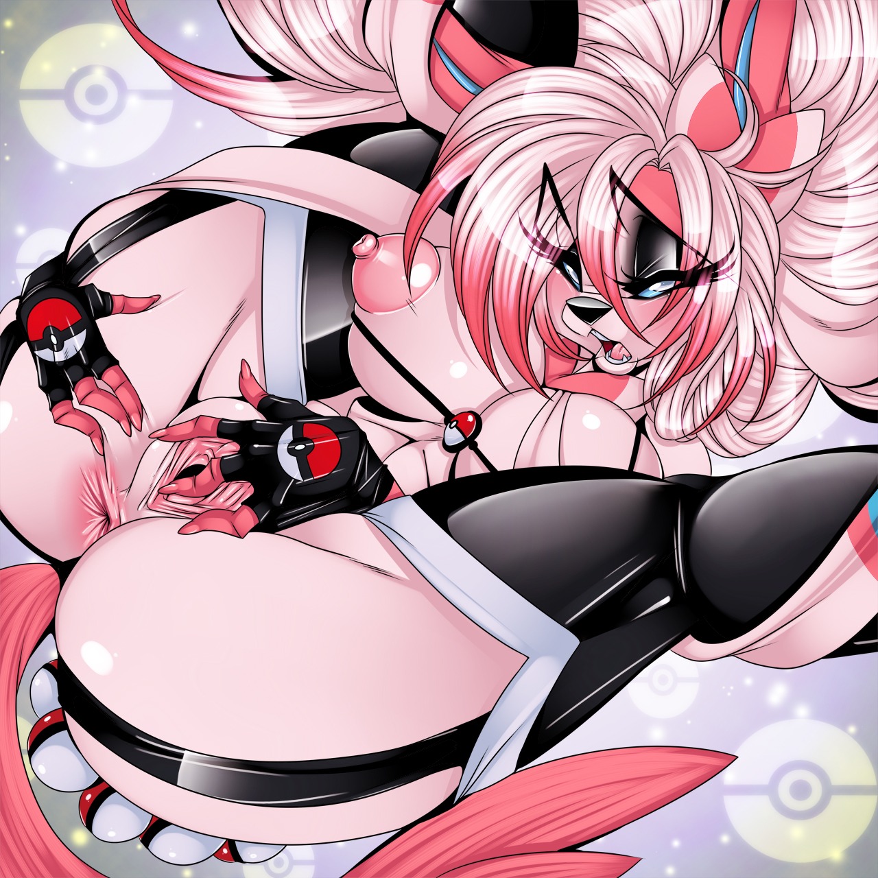 1:1 2013 abstract_background anthro anus areola big_breasts big_nipples biped black_nose blue_eyes breasts claws clothing crystal-for-ever digital_media_(artwork) e621 eeveelution fangs female fingerless_gloves generation_6_pokemon genitals gloves hair handwear hi_res legwear long_hair looking_at_viewer lying makeup nintendo nipples nude on_back open_mouth pink_body pink_hair pink_skin pokemon pokemon_(species) pokemorph presenting simple_background solo spread_legs spreading stockings sylveon teeth thick_thighs tongue vulva