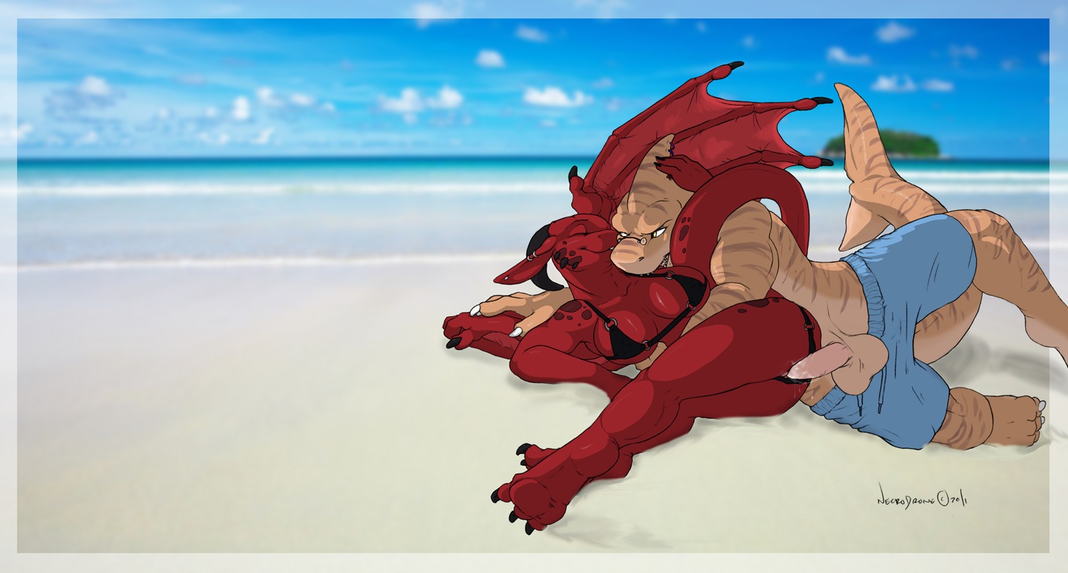 2011 anthro aquatic balls beach bikini bite bodily_fluids border bottomwear breasts brown_body brown_scales brown_stripes clothed clothing cloud cum cum_drip cum_in_vagina cum_inside cum_on_own_penis cum_on_penis cum_on_self detailed_background dragon dripping duo e621 ear_piercing erection european_mythology eyes_closed eyewear felid female female_penetrated fish genital_fluids genitals glasses horn interspecies lying male male/female male_penetrating male_penetrating_female mammal membrane_(anatomy) membranous_wings muscular mythological_creature mythological_scalie mythology necrodrone necrodrone_(character) on_side outside penetration penile penile_penetration penis penis_in_vagina piercing red_body requiem_shark rusteh_(sharkbum) sand scales scalie seaside sex sex_on_the_beach shark shorts signature skimpy sky smile stripes swimwear tail teeth tiger_shark tight_clothing two-piece_swimsuit vaginal vaginal_penetration water western_dragon wings yellow_eyes