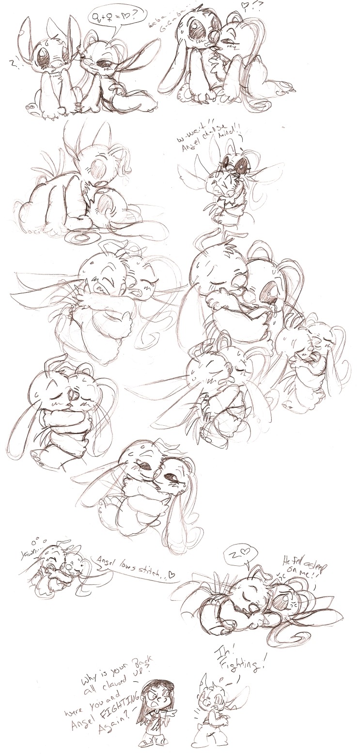 angel_(lilo_and_stitch) canon_couple disney english_text experiment_(species) female human lilo_and_stitch lilo_pelekai male monochrome rough_sketch rule34 sketch stitch straight
