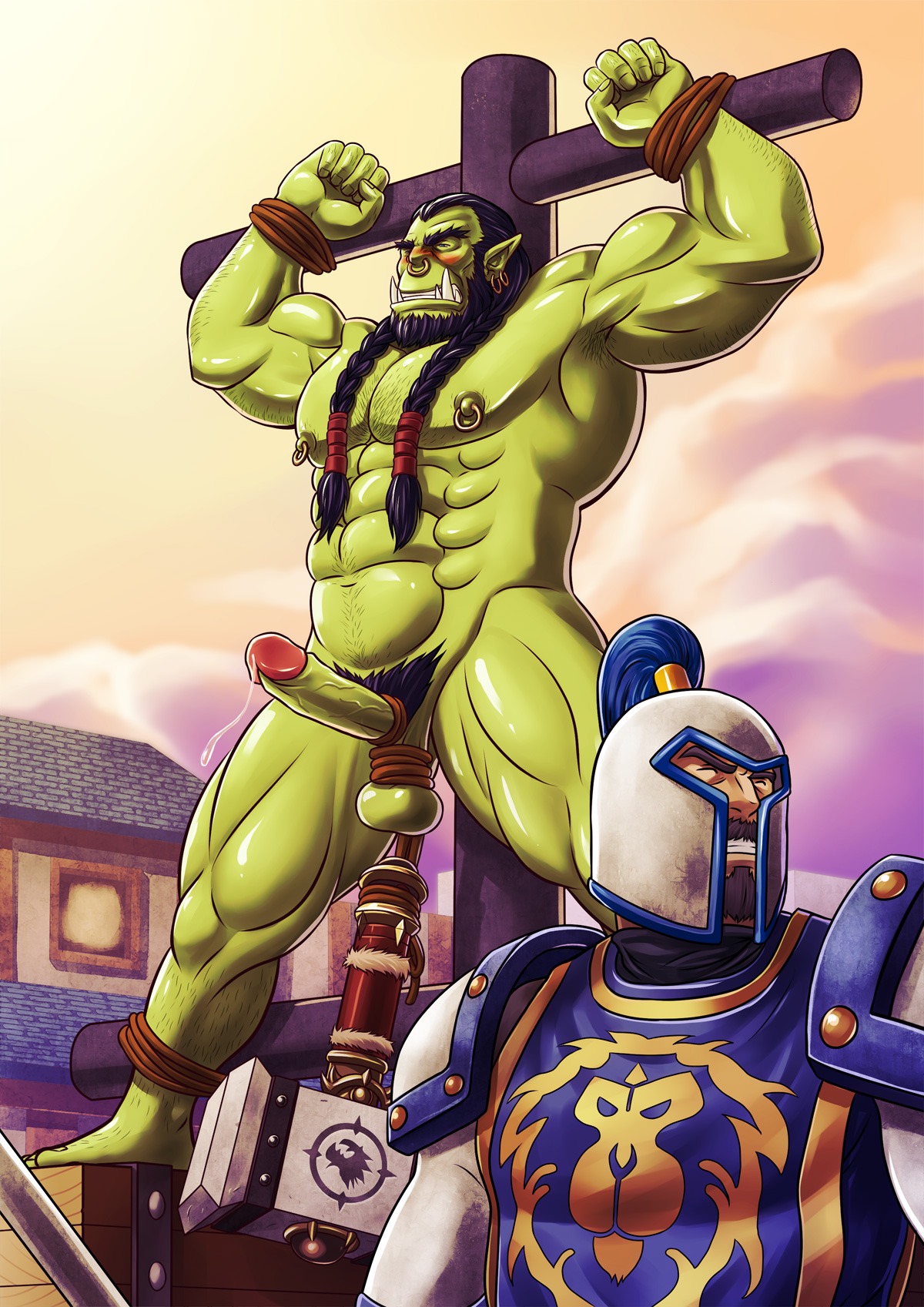2boys abs balls balls_stretching beard black_hair blizzard_entertainment braided_hair cock_and_ball_torture cock_and_balls_torture crucifixion earrings erect_penis erection facial_hair foreskin green-skinned_male green_skin hammer helmet human human_male light-skinned_male light_skin long_hair male male_nipples male_only muscular muscular_male nipple_rings nipples nose_ring orc orc_male penis pierced_ears pierced_nipples pierced_nose pointy_ears precum pubes pubic_hair restrained retracted_foreskin rule34 septum_piercing thrall tied_up tusks uncircumcised uncut war_hammer world_of_warcraft zelo-lee