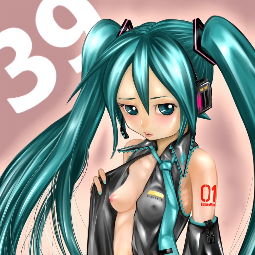1girl aqua_eyes aqua_hair breasts covered_nipples detached_sleeves female hatsune_miku headphones headset long_hair necktie nipples open_clothes open_shirt rule34 shirt small_breasts solo tagme twintails vocaloid