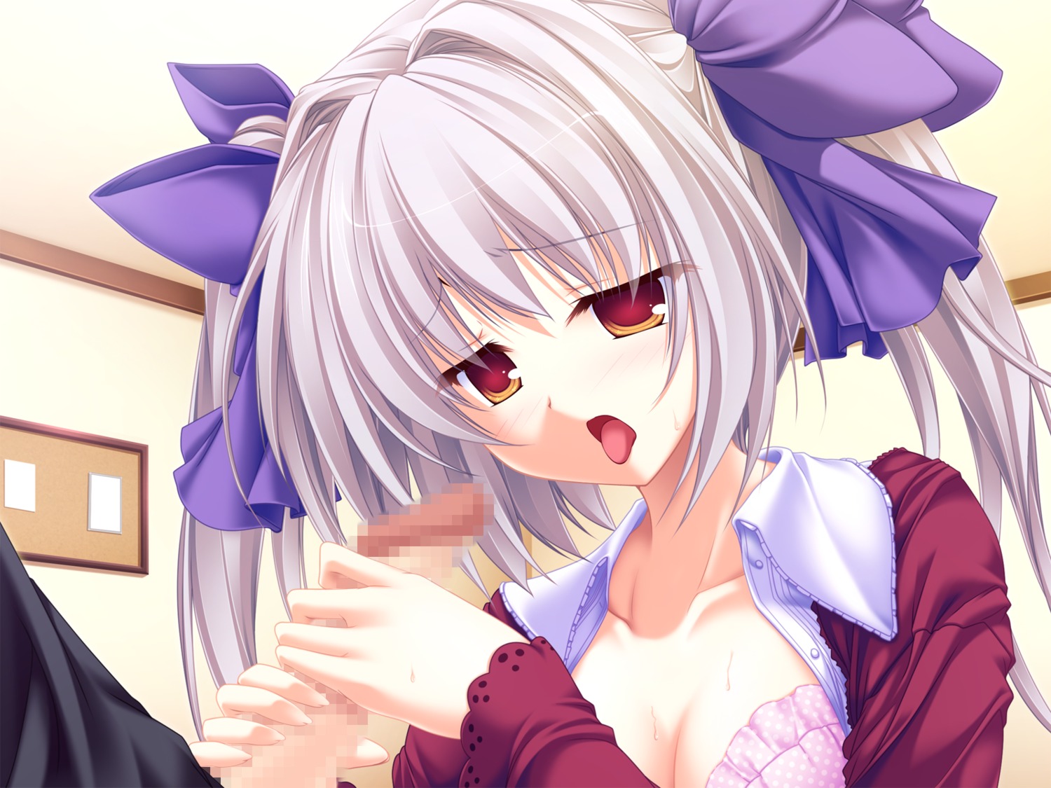 bra censored cleavage fellatio female game_cg male open_clothes open_shirt oral penis rule34 shirt tenmaso
