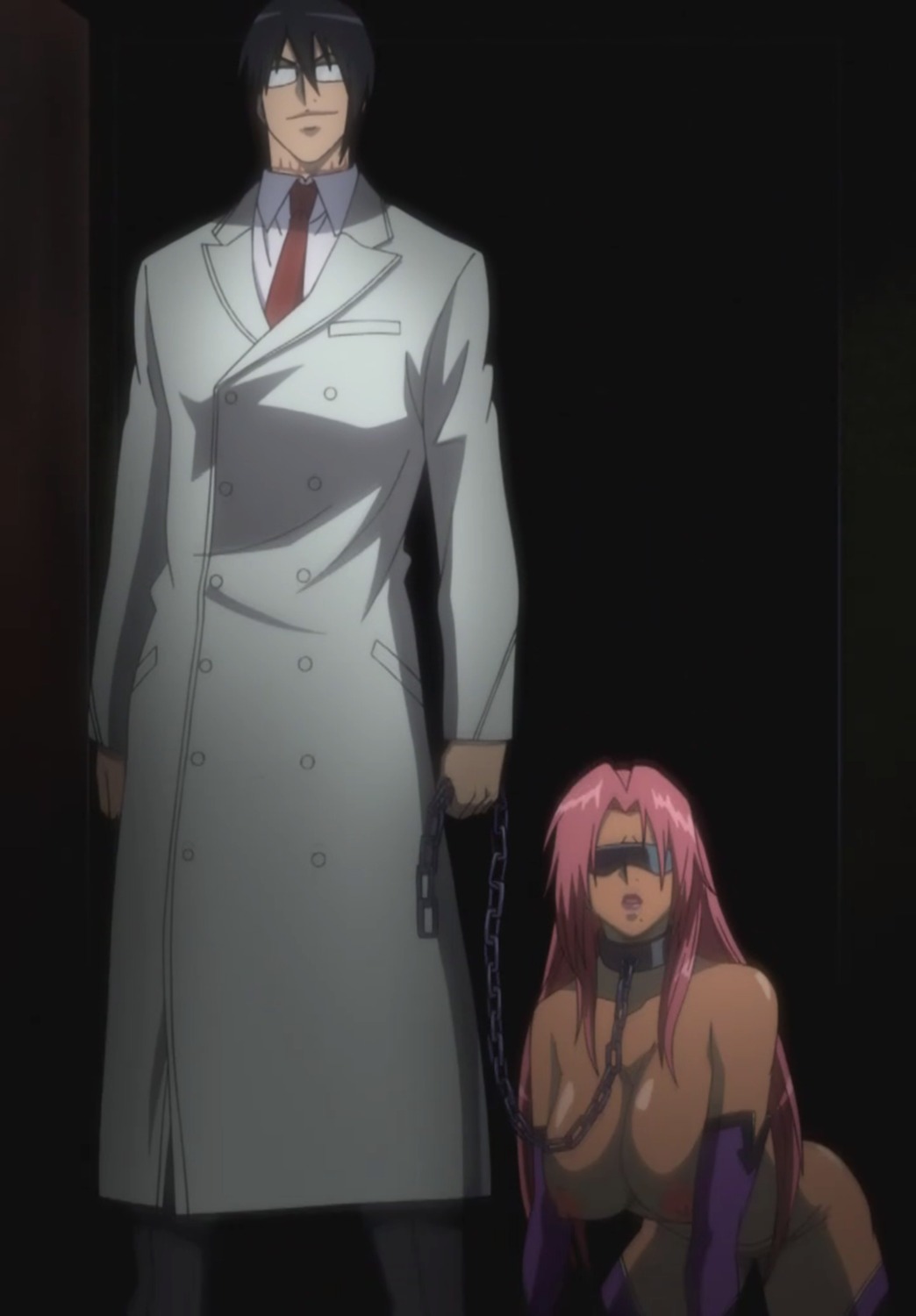 bitch_taken_for_walk blindfold breasts chains coat collar dark_skin female femsub glasses highres human_pet ingrid_(taimanin_asagi) kiryuu_sabato large_breasts lipstick long_hair makai_kishi_ingrid misogyny mole monster necktie nipples pink_hair rule34 scar scientist simple_background slave smile taimanin_asagi tie very_long_hair