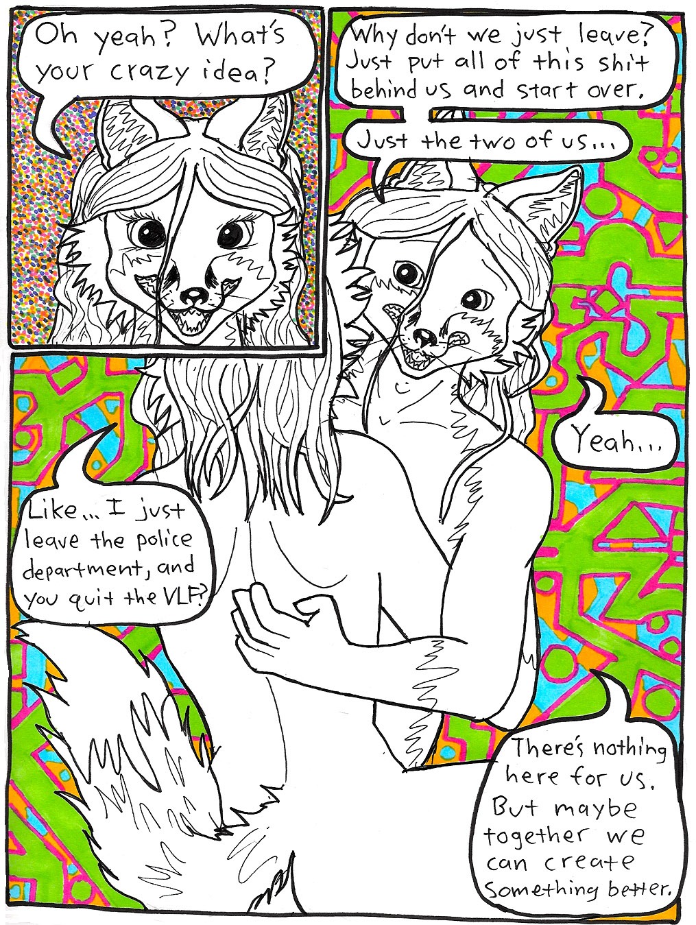 anthro canid canine comic dialogue duo e621 english_text female fox hi_res male male/female mammal marker_(artwork) mixed_media pen_(artwork) profanity psychedelic red_fox sex teeth text traditional_media_(artwork) triadfox tripping_balls true_fox