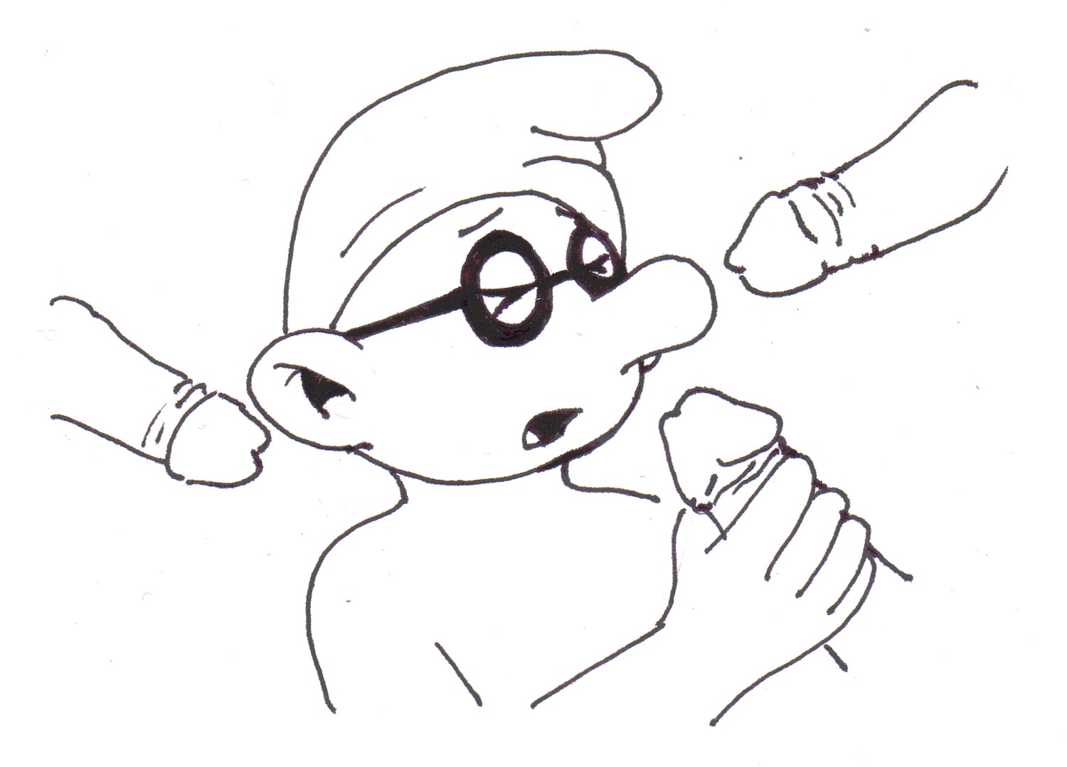 brainy_smurf eyes_closed gay glasses group_sex hat headwear male male_only mouth_open non_human orgy rule34 tagme the_smurfs yaoi