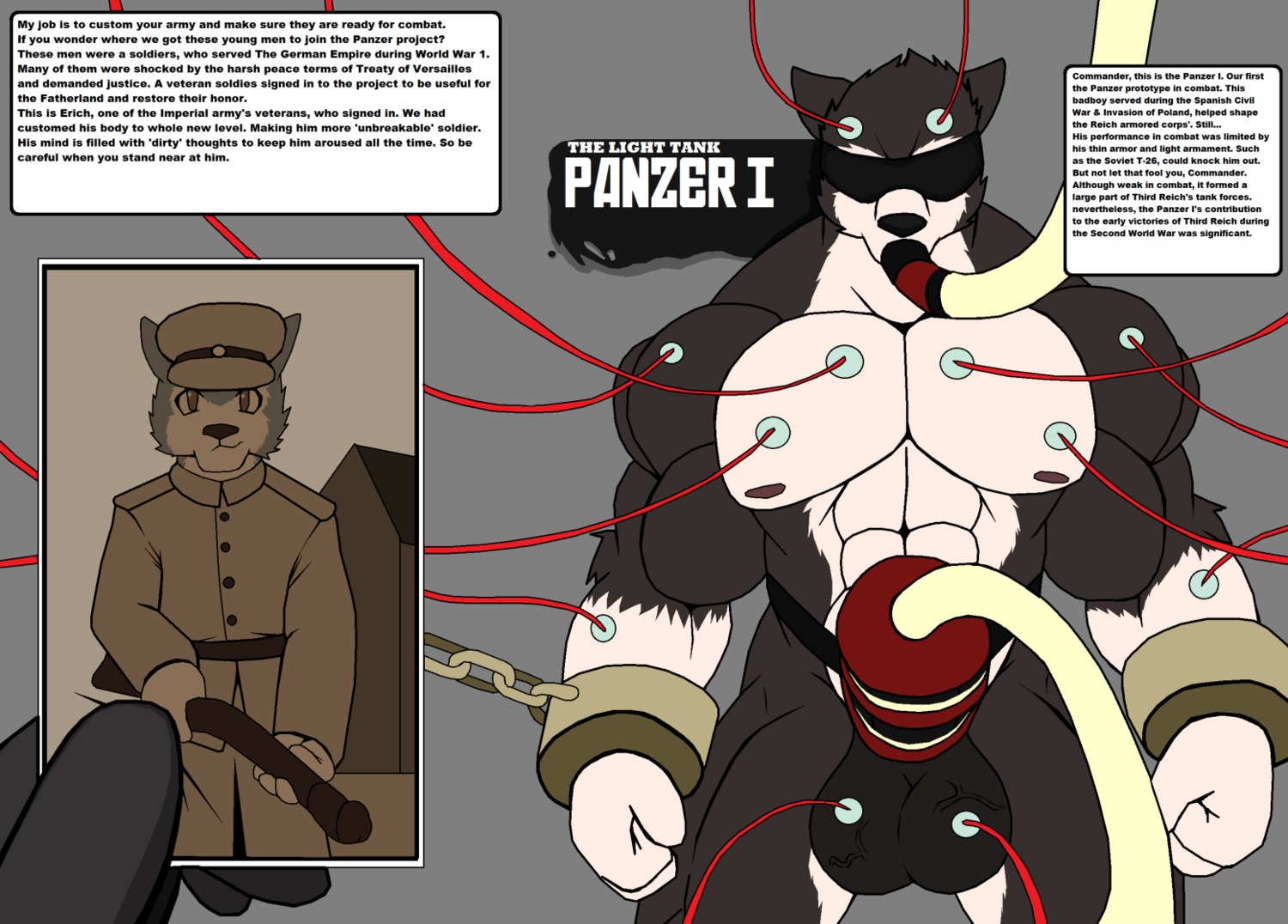 abs anthro athletic balls biceps big_balls big_muscles big_penis biped blindfold bound canid canine chain cuff_(restraint) dialogue droll3 e621 english_text erection fur genitals gun male mammal muscular muscular_anthro muscular_male muscular_sub nipples nude pecs penis photo ranged_weapon restraints rifle shackles smile solo standing submissive submissive_male text vein weapon wire world_war_2