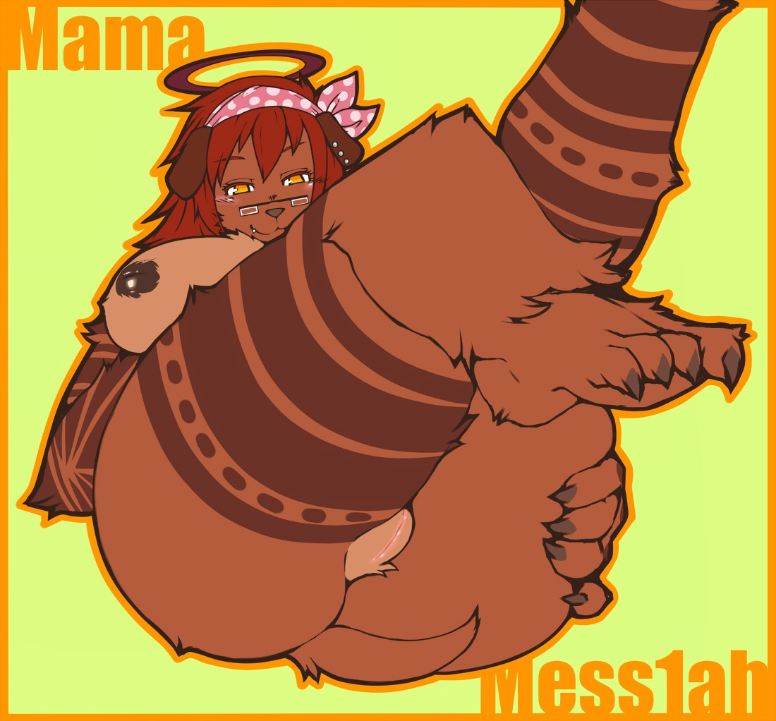 amad_no_moto anthro biped blush breasts butt butt_grab canid canine e621 ear_piercing english_text eyewear female genitals glasses halo hand_on_butt inverted_nipples legs_together legs_up looking_at_viewer lying mammal mess1ah_(character) nipples nude on_back piercing solo tattoo text vulva