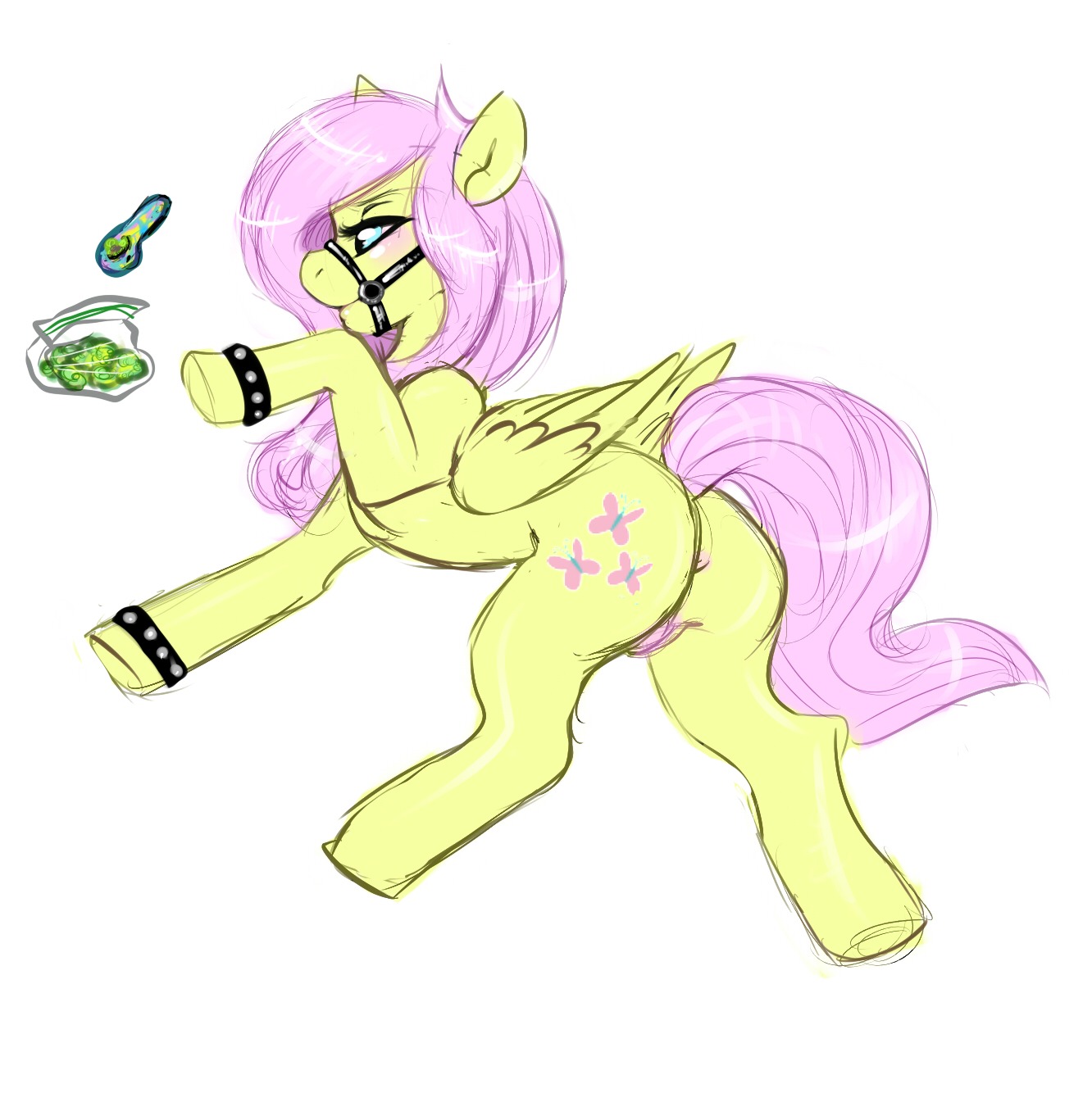 2011 anus bridle cutie_mark digital_media_(artwork) drugs e621 equid equine feathered_wings feathers female feral fluttershy_(mlp) friendship_is_magic genitals hair hasbro hi_res mammal marijuana my_little_pony mythological_creature mythological_equine mythology pegasus pink_hair pipe simple_background smoking_pipe solo tail vulva white_background wings yellow_body yellow_feathers zeriara
