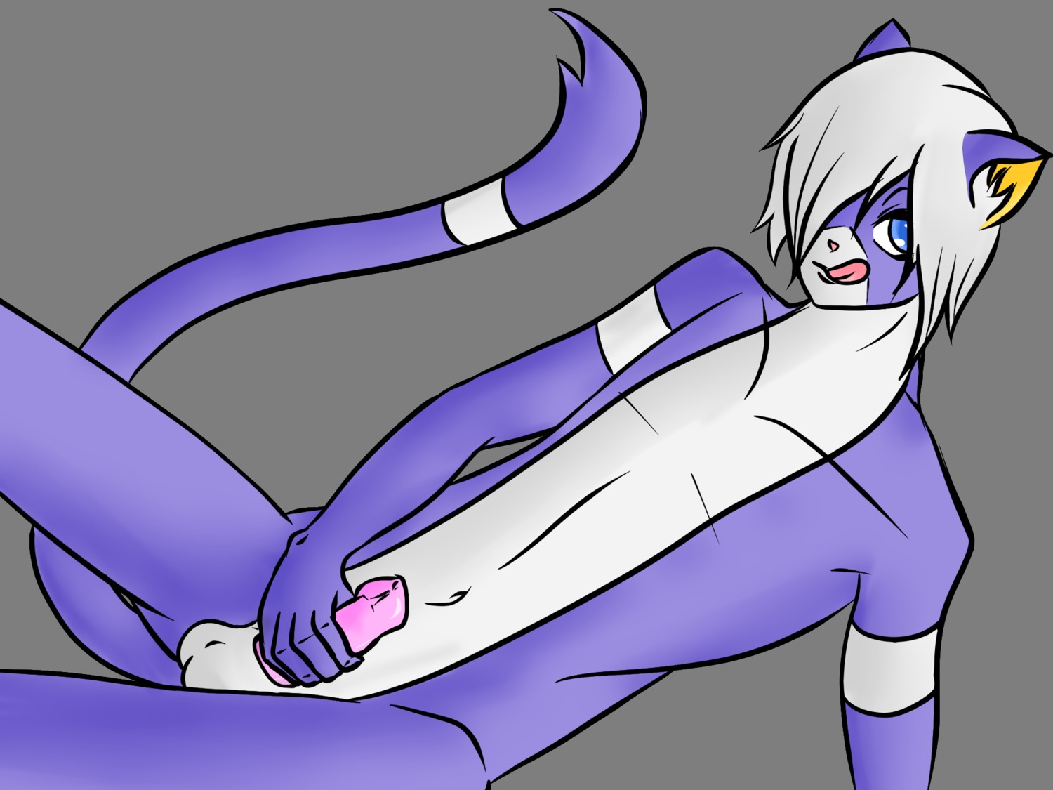2012 4:3 alpha_channel anthro balls biped blue_body blue_eyes blue_fur e621 erection felid fur genitals hair hi_res male mammal masturbation narrow_hips nude penile penile_masturbation penis slim solo tail theztan thin_thighs tongue white_body white_fur white_hair