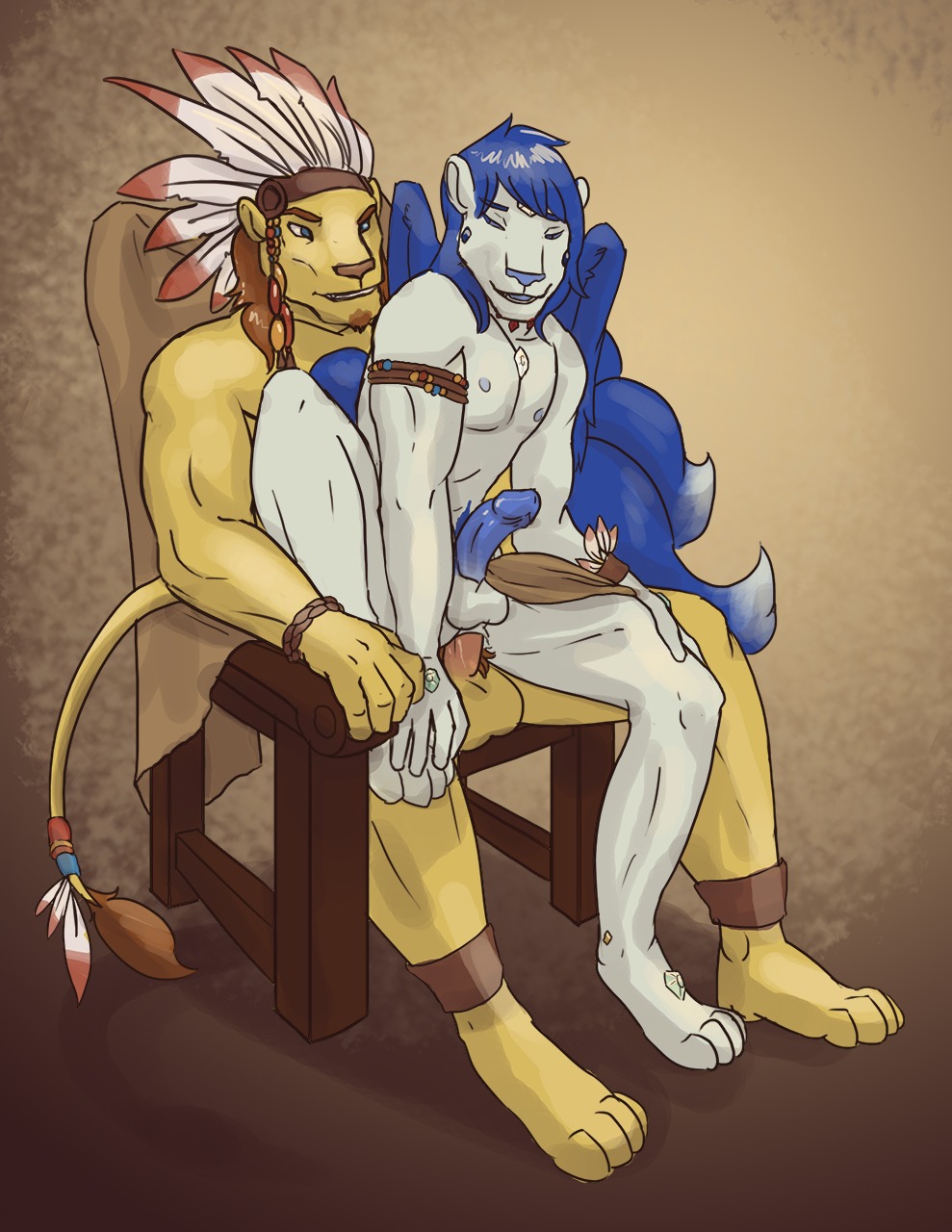 anal anal_penetration anthro anthro_on_anthro armband balls biceps big_balls big_muscles big_penis blue_eyes canid canine chair chieftain circumcised digital_media_(artwork) duo e621 erection facial_hair feathered_wings feathers felid fox fur fur_tuft furniture gem genitals goatee hair headdress hi_res jewelry leoven lion male male/male male_penetrated male_penetrating male_penetrating_male mammal muscular muscular_male native nude pantherine pecs penetration penis sex sidern_brethencourt simple_background sketch smile tail tail_tuft thestory throne tribal tuft wings
