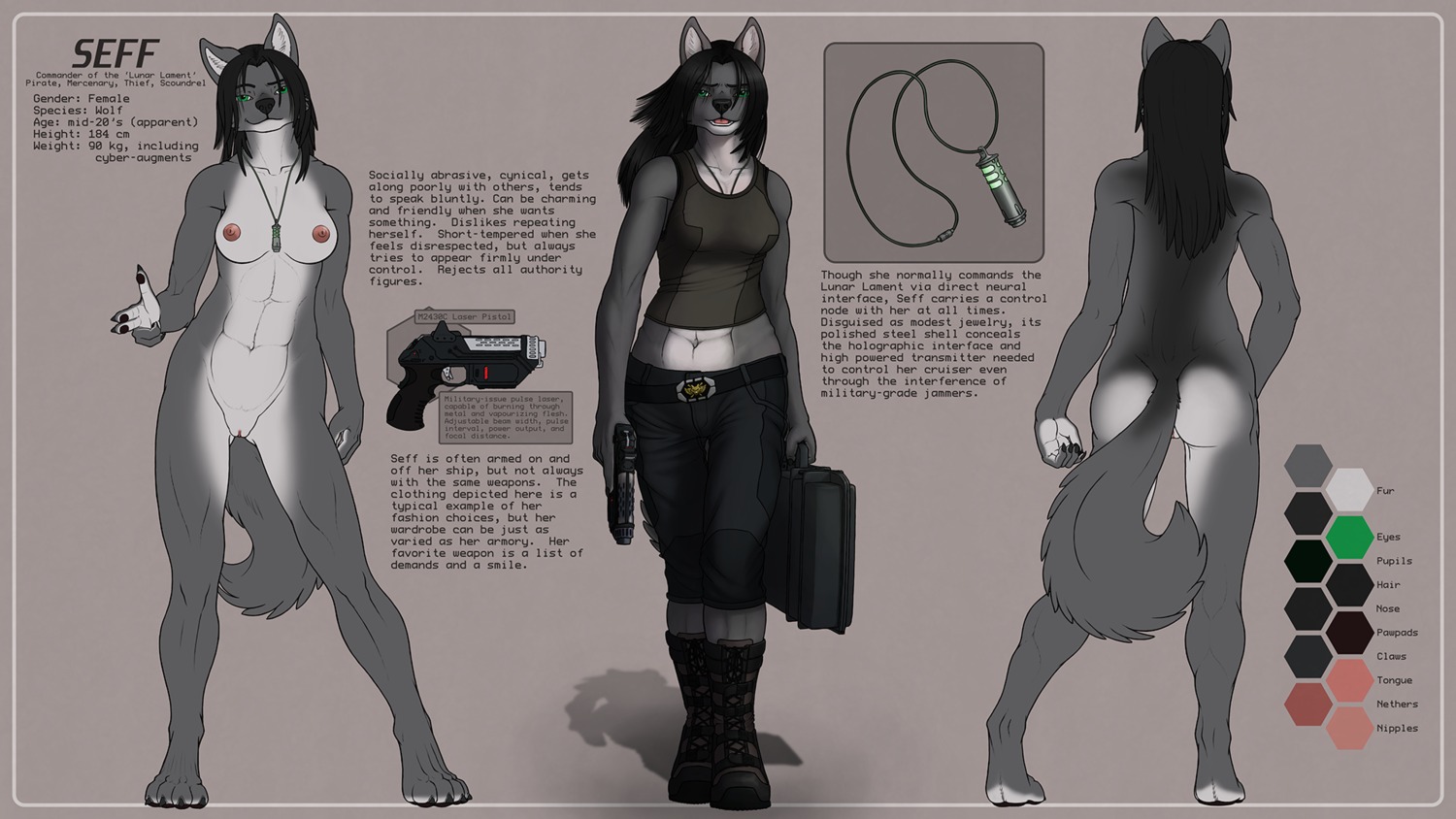 16:9 anthro athletic black_hair breasts butt canid canine canis casual_nudity clothing digital_media_(artwork) e621 english_text female genitals green_eyes hair hi_res jewelry looking_at_viewer mammal model_sheet muscular muscular_anthro muscular_female necklace nipples nude open_mouth pawpads paws ranged_weapon seff_(artist) seff_(seff) shaded solo text vulva weapon widescreen wolf