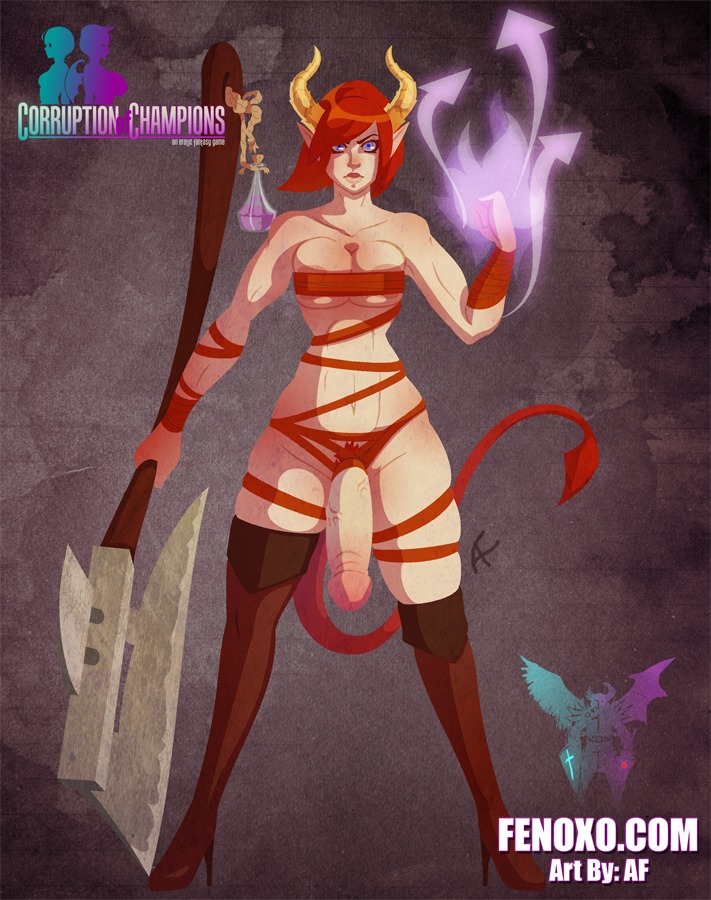 af axe bdsm big_breasts big_penis blue_eyes blue_hair bondage boots bottle bound breast_squish breasts clothing container corruption_of_champions demon e621 footwear genitals greataxe gynomorph hair half-erect holding_object holding_weapon horn human humanoid_pointy_ears intersex legwear looking_at_viewer magic mammal melee_weapon penis pointy_ears potion pubes red_hair restraints ribbon_bondage ribbons rope rope_bondage shoes short_hair solo spade_tail squish standing tail text thigh_boots thigh_highs url vein veiny_penis weapon