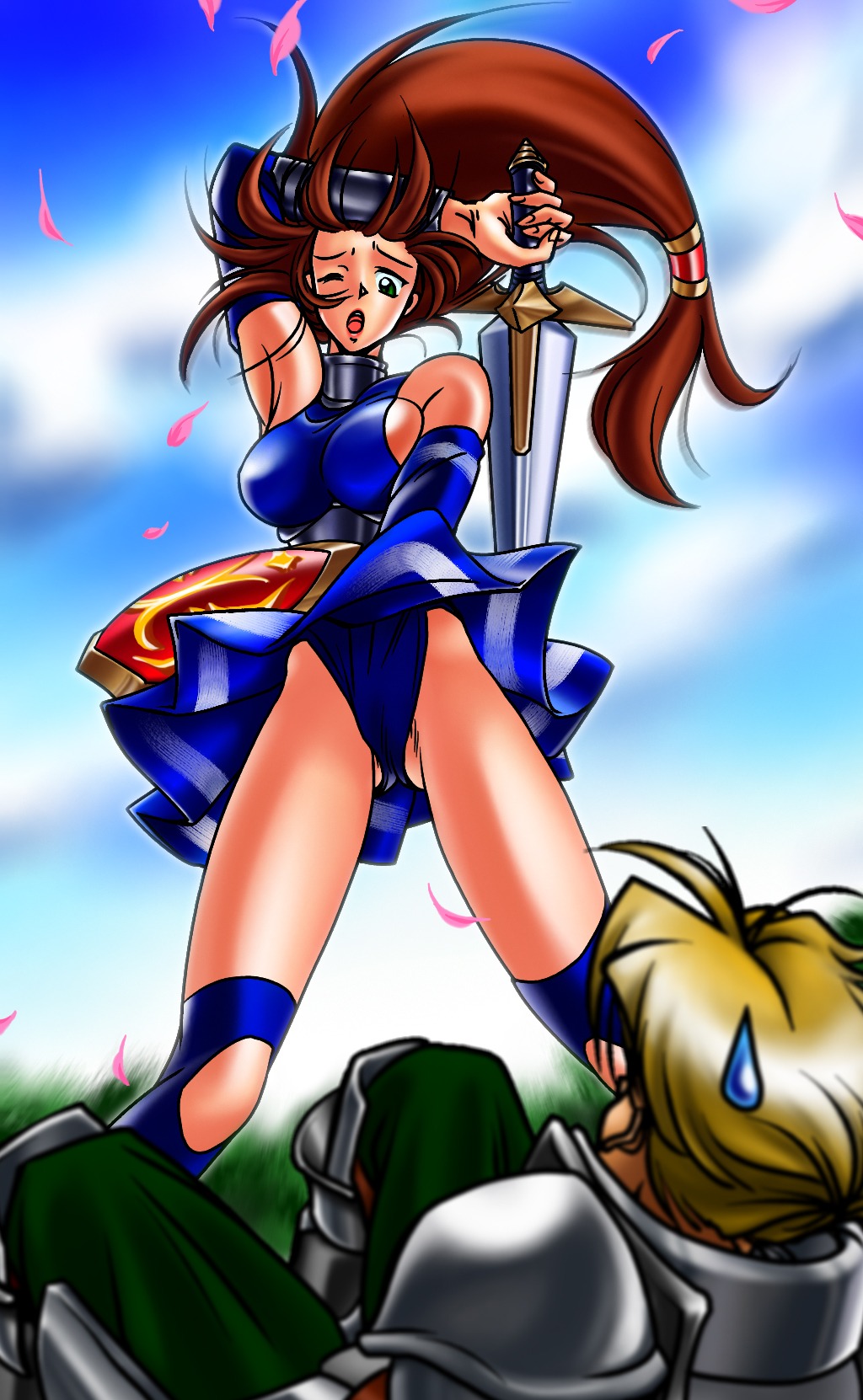 blonde_hair blue_panties brown_hair female green_eyes highres jpeg_artifacts long_hair milf panties rule34 shield sophitia_alexandra soul_calibur sword underwear upskirt weapon