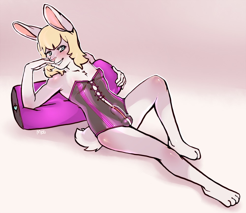 anthro arh balls biped blonde_hair blue_eyes bulge clothed clothing corset crossdressing e621 erection femboy genitals hair lagomorph laini leporid lingerie male mammal penis rabbit solo topwear