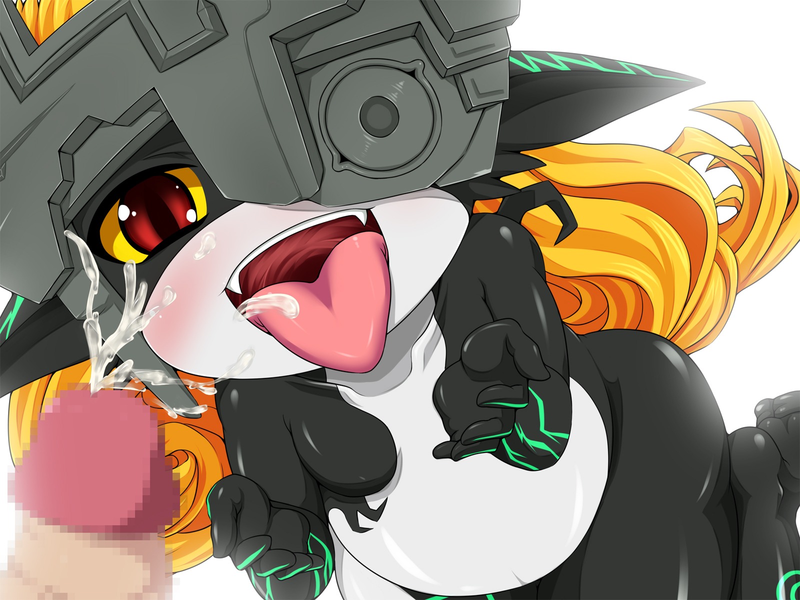 1boy 1girls amau_(artist) blush censored cum cum_on_face facial fangs female highres imp imp_midna male midna open_mouth penis red_eyes rule34 the_legend_of_zelda tongue twilight_princess white_background