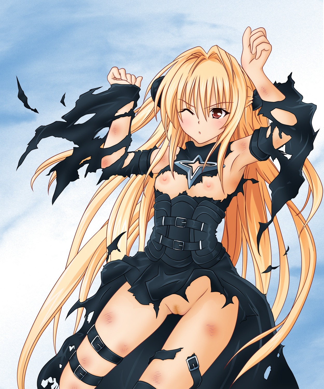 breasts clothing enf female flat_chest highres konjiki_no_yami long_hair nipples pussy red_eyes rule34 thigh_strap to_love-ru torn_clothes uncensored