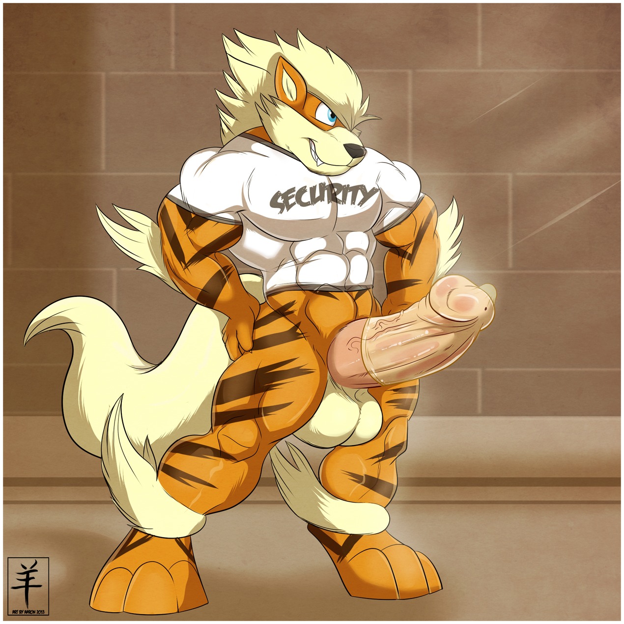 1:1 2013 3_toes aaron_(artist) abs ankle_tuft anthro anthrofied arcanine arm_tuft athletic balls barefoot biceps big_balls big_muscles big_penis biped black_nose blue_eyes border bottomless bouncer brodie_nova brown_body brown_fur brown_stripes canid canine clothed clothing condom digital_media_(artwork) digitigrade e621 elbow_tuft english_text erection fan_character fangs feet front_view full-length_portrait fur generation_1_pokemon genitals glans grin hair hi_res humanoid_genitalia humanoid_penis leg_tuft male mammal markings multicolored_body multicolored_fur muscular muscular_anthro muscular_male nintendo orange_body orange_fur paws pecs penis pink_penis pokemon pokemon_(species) pokemorph portrait presenting presenting_penis quads security sexual_barrier_device shirt smile smirk solo standing striped_body striped_fur stripes t-shirt tail tan_balls tan_body tan_fur tan_hair tan_tail teeth text text_on_clothing text_on_shirt text_on_topwear thick_penis toes topwear triceps tuft vein veiny_penis wearing_condom white_border white_clothing white_shirt white_topwear
