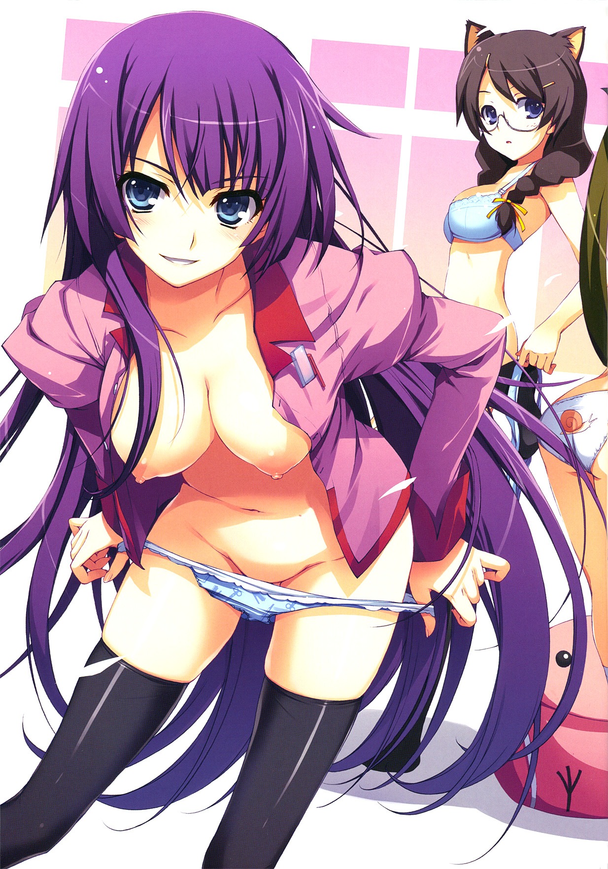 2girls ass bakemonogatari blue_eyes blush bra braid breasts female female_only glasses hanekawa_tsubasa highres large_breasts latex lingerie long_hair monogatari_(series) multiple_females multiple_girls nipples open_clothes panties panty_pull purple_hair rule34 senjougahara_hitagi smile solo_focus thighhighs tomose_shunsaku twin_braids underwear undressing