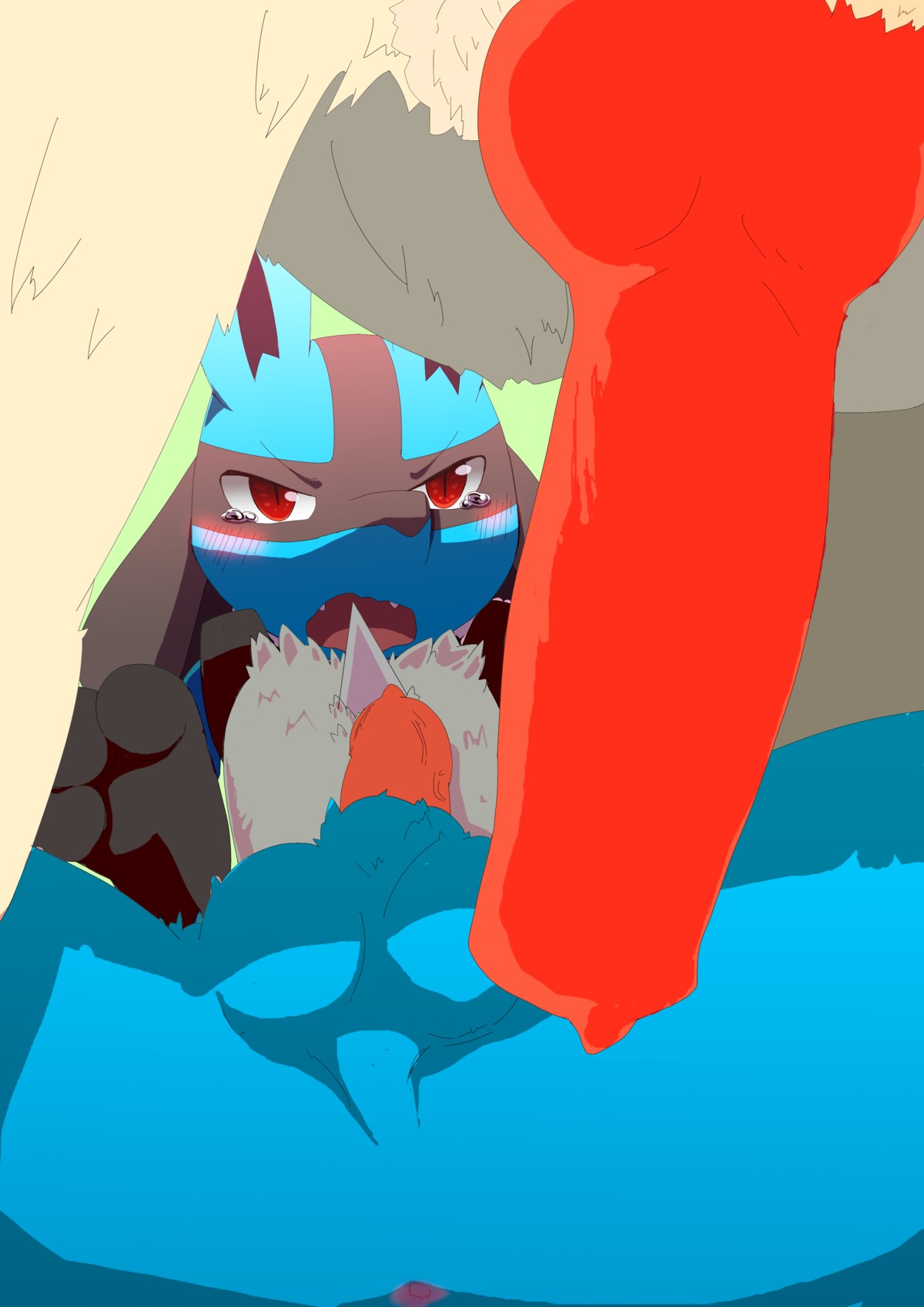 3_fingers absurd_res animal_genitalia animal_penis anthro anus backsack balls beast_covered black_body black_eyes black_skin blue_body blue_fur blush bodily_fluids butt canid canine canine_genitalia canine_penis close-up duo e621 erection faceless_character faceless_male fingers fur generation_4_pokemon genitals green_background hi_res knot lucario lying male male/male mammal nintendo on_back open_mouth penis pokemon pokemon_(species) presenting presenting_hindquarters pupils raised_arm red_body red_eyes red_penis red_skin shadow sharp_teeth simple_background slit_pupils spikes spread_legs spreading tan_body tan_fur tears teeth tongue vein white_body white_fur