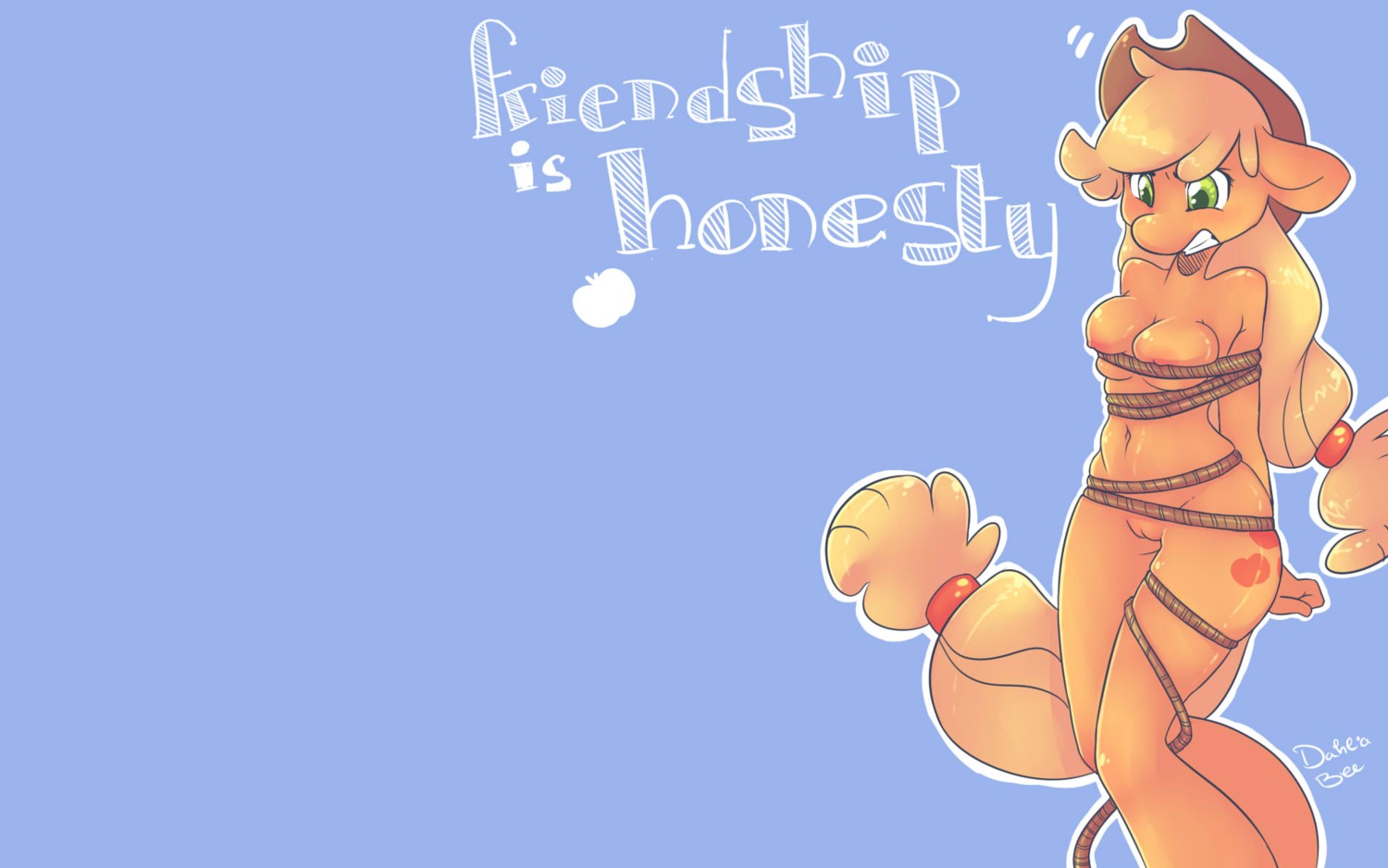 16:10 2013 anthro anthrofied applejack_(mlp) biped blonde_hair blue_background bound breasts brown_body brown_fur clothing cowboy_hat cutie_mark dahliabee e621 earth_pony english_text equid equine female freckles friendship_is_magic fur genitals green_eyes hair hasbro hat hat_only headgear headgear_only headwear headwear_only hi_res horse lying mammal mostly_nude my_little_pony on_side pony portrait rope simple_background solo submissive submissive_female tail text three-quarter_portrait vulva wallpaper widescreen