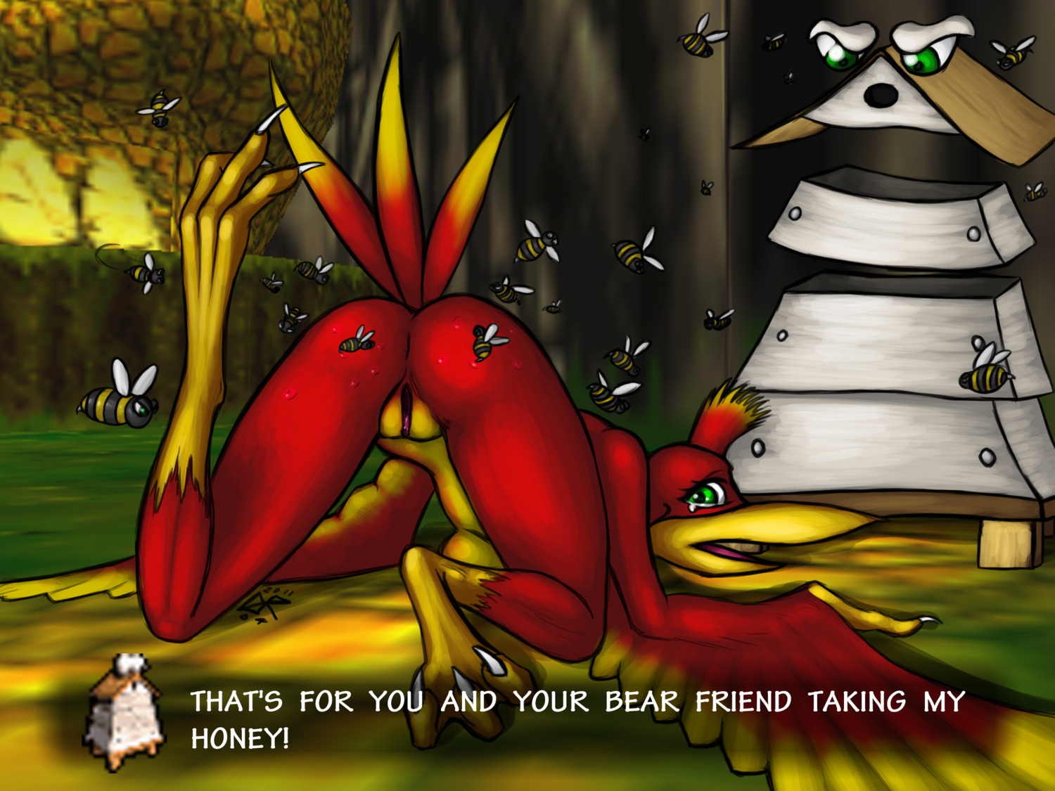 4:3 angry animate_inanimate anthro anthrofied anus arthropod avian banjo-kazooie bee bee_sting beehive beehive_(banjo_kazooie) bird bodily_fluids breasts breegull butt crying dialogue digital_media_(artwork) e621 english_text female feral flying genitals group hi_res hymenopteran insect insect_wings kazooie ldr non-mammal_breasts pain rareware solo_focus sting tears text vulva wings
