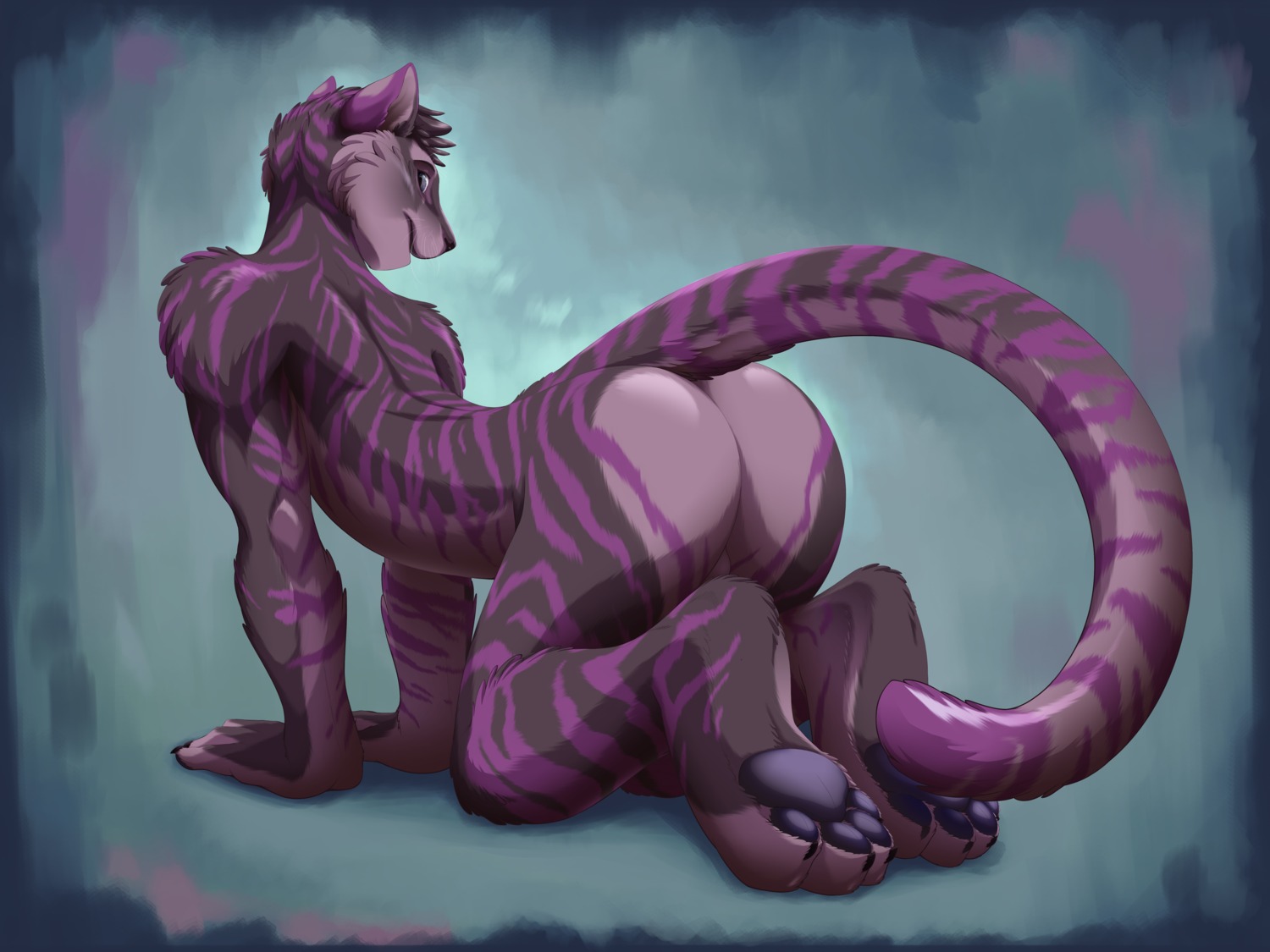 2013 4:3 4_toes absurd_res all_fours anthro blue_pawpads butt claws digital_media_(artwork) digitigrade e621 feet felid full-length_portrait fur hi_res hindpaw looking_at_viewer looking_back male mammal mestiso_(character) nude pantherine pawpads paws portrait presenting presenting_hindquarters purple_body purple_fur shiuk soles solo stripes tiger toe_claws toes