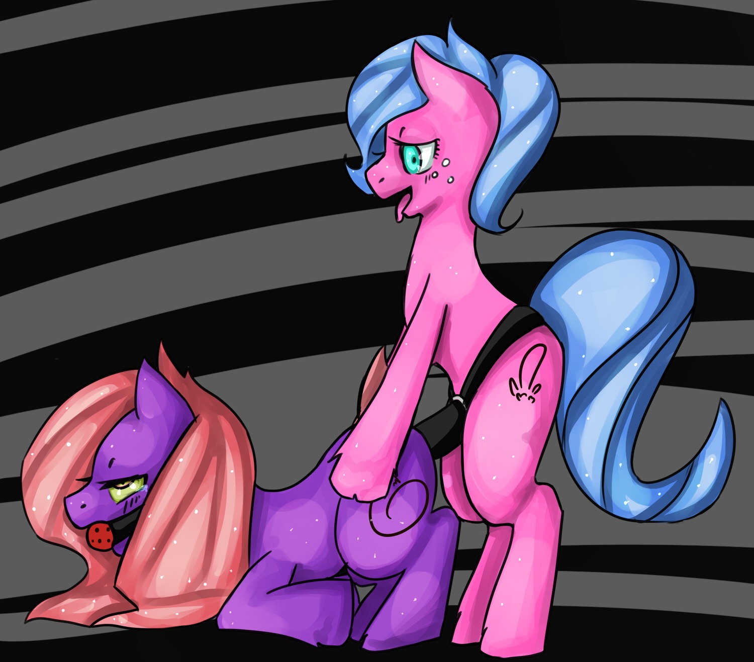 2girls ball_gag blue_eyes blue_mane female female_only friendship_is_magic fur furry horse mounting multiple_females my_little_pony pink pink_fur pink_mane pony purple purple_fur rule34 sex smooth_skin strap-on strapon yellow_eyes yuri