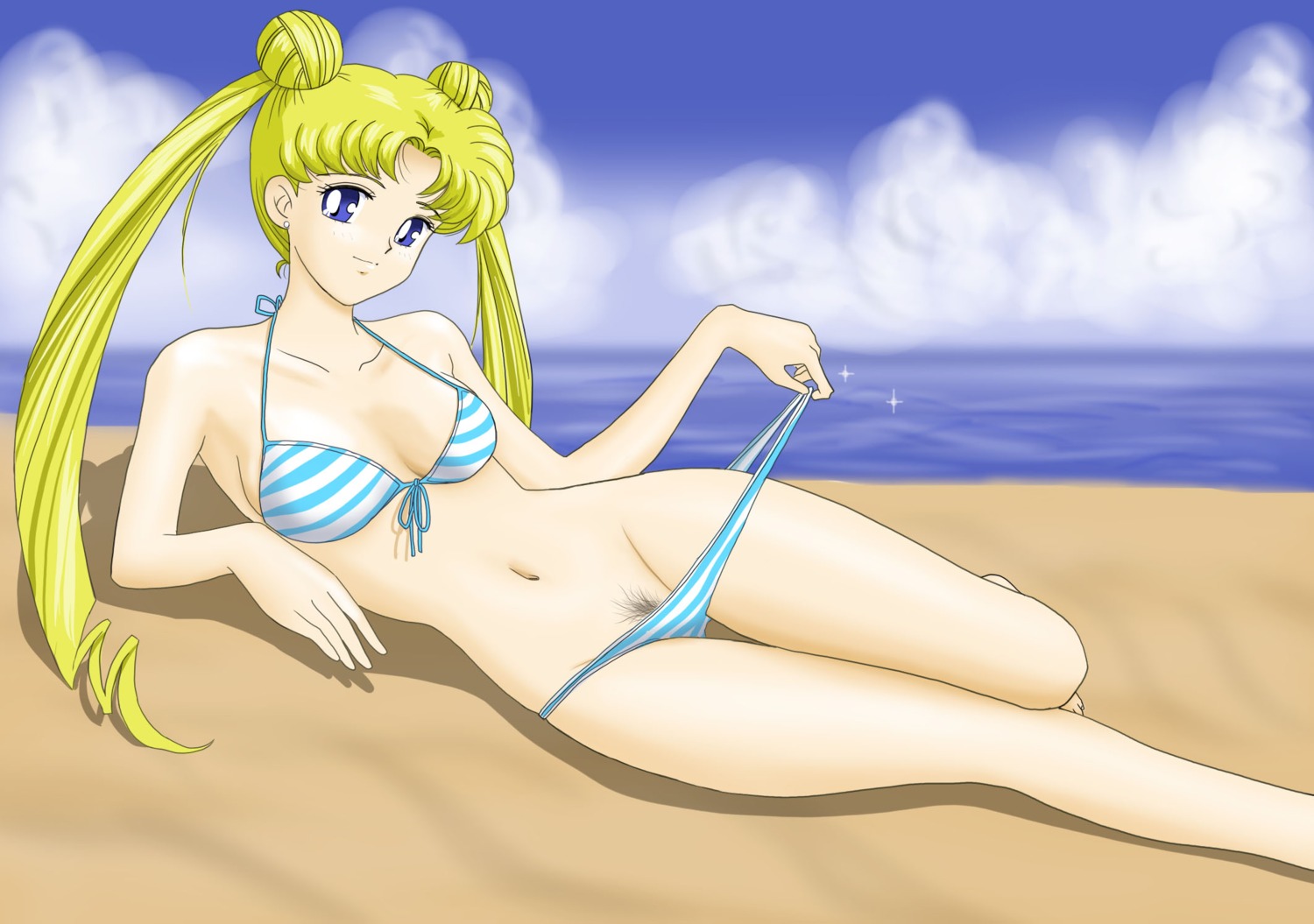 1girls beach bikini bishoujo_senshi_sailor_moon blonde_hair blue_eyes breasts female female_only female_pubic_hair long_hair mr._r_(2ch's_sailor_moon_thread) pubic_hair rule34 small_breasts solo swimsuit tagme usagi_tsukino
