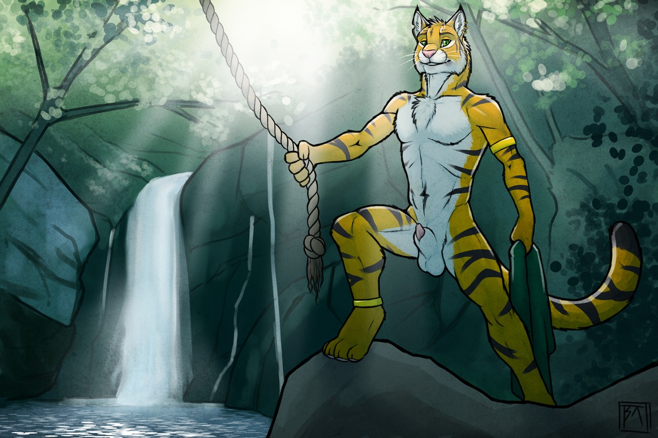 4_toes animal_genitalia anthro balls biceps biped black_body black_fur claws detached_sheath detailed_background digitigrade e621 feet felid flaccid fur genitals green_eyes hindpaw letigre looking_at_viewer male mammal markings muscular muscular_anthro muscular_male nature nude orange_body orange_fur outside pantherine paws pecs penis penis_tip pose rope sheath solo standing stripes tail tiger toes tsaiwolf water waterfall whiskers white_body white_fur