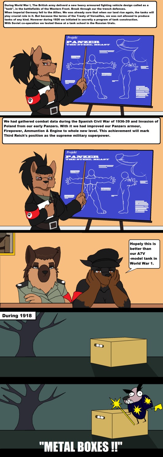 absurd_res ambiguous_gender anthro box canid canine canis cardboard chaos comic commander container domestic_dog droll3 e621 english_text felid female german germany group hi_res mammal metal plan reichstag text war winter world_war_2