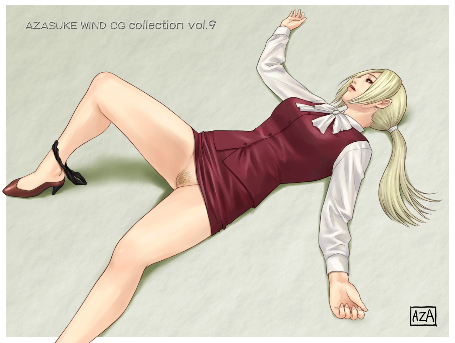 1girls 2d 2d_(artwork) azasuke black_panties blonde_hair blue_eyes censored female formal high_heels highres leg_lift long_hair lying nina_williams no_panties no_underwear on_back panties panties_around_leg panties_around_one_leg panties_down ponytail pubic_hair pussy rule34 shoes skirt skirt_lift solo suit tekken thighs tied_hair underwear underwear_down