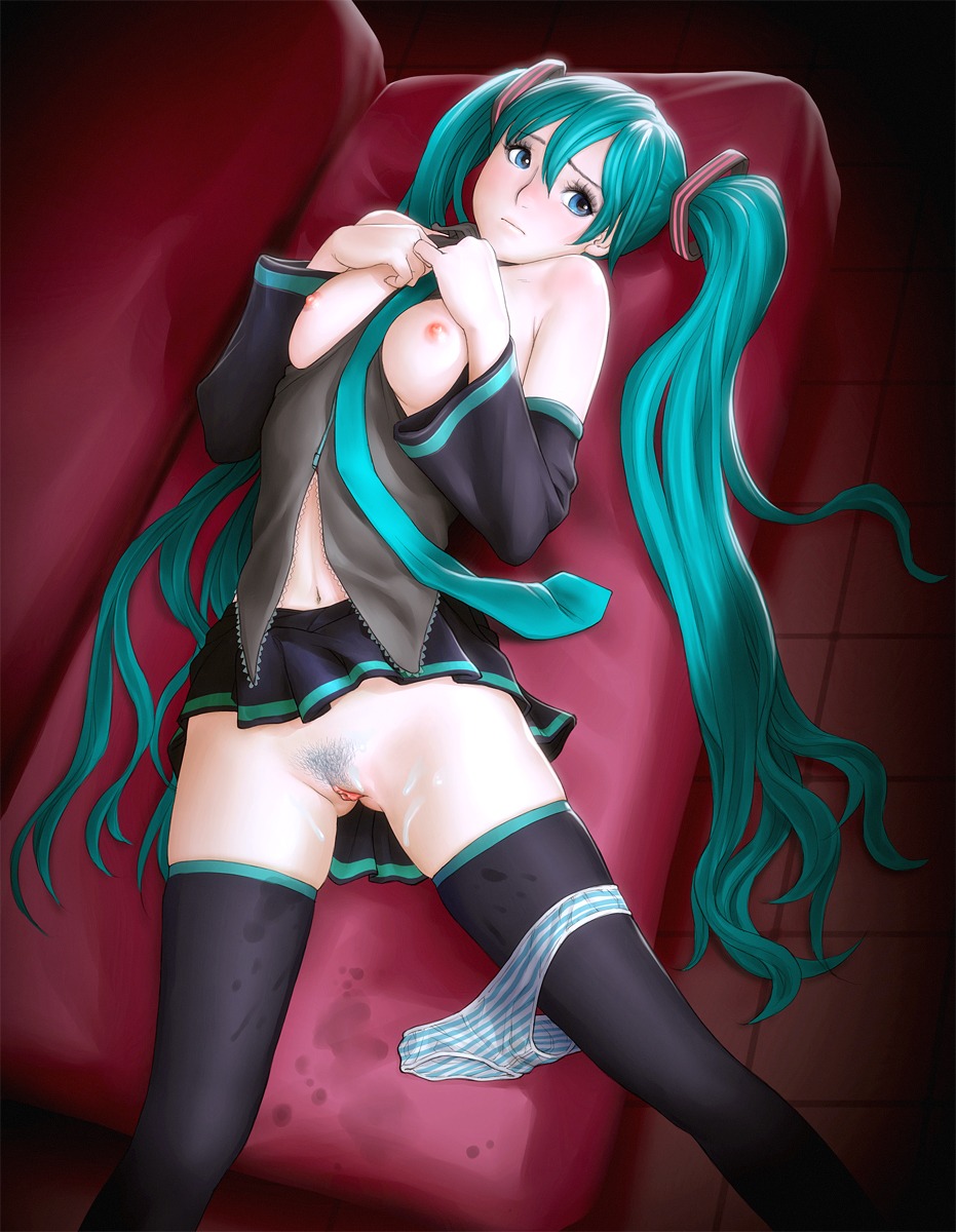 1girl aqua_eyes aqua_hair between_breasts blue_eyes blush breasts colored_pubic_hair couch cum detached_sleeves female female_pubic_hair hatsune_miku high_resolution long_hair lying medium_breasts navel necktie nipples nude on_back open_clothes open_shirt panties panties_around_leg panties_around_one_leg pubic_hair pussy pussy_juice rule34 shirt skirt solo striped striped_panties thighhighs twintails uncensored underwear very_long_hair vocaloid