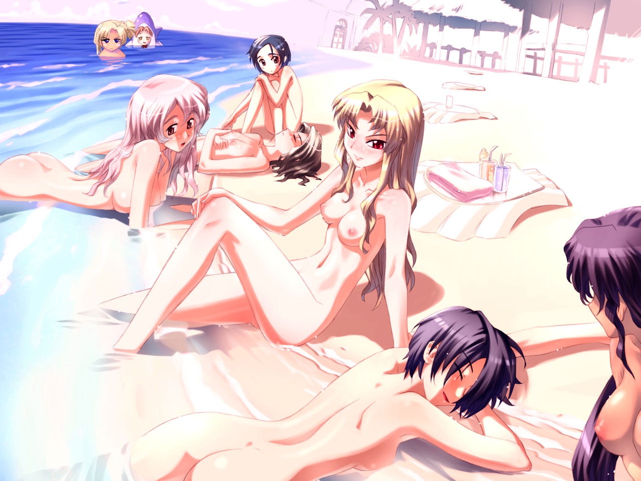 8girls aisha_scarlet_yang anri_anriette beach character_request fan_soyoung female helena_burliuka iliza_lancaster koume_keito nipples nude outdoors rule34 sapfism_no_gensou