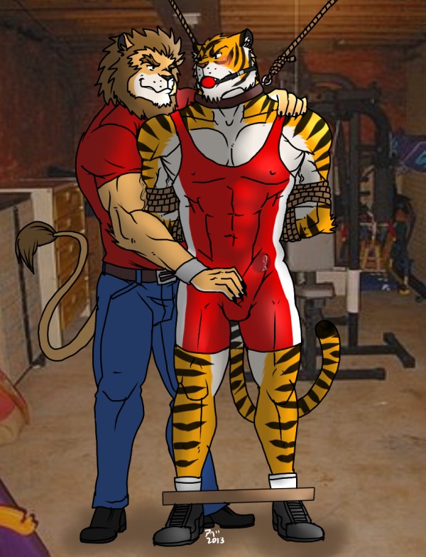 2013 abs anthro ball_gag balls bdsm belt biceps black_body black_fur bodily_fluids bondage bottomwear bound brown_body brown_fur brown_hair bulge clothing dominant dominant_male duo e621 erection felid footwear fur gag gagged genital_fluids genitals hair hentist leaking lion male male/male mammal markings mixed_media muscular nipples orange_body orange_fur pantherine pants pecs penis photo_background photography_(artwork) pink_nose plantigrade pose precum shirt shishimaru_genjurou shoes standing stripes submissive submissive_male tiger tight_clothing topwear toragami_gaou vein white_body white_fur wrestling_singlet