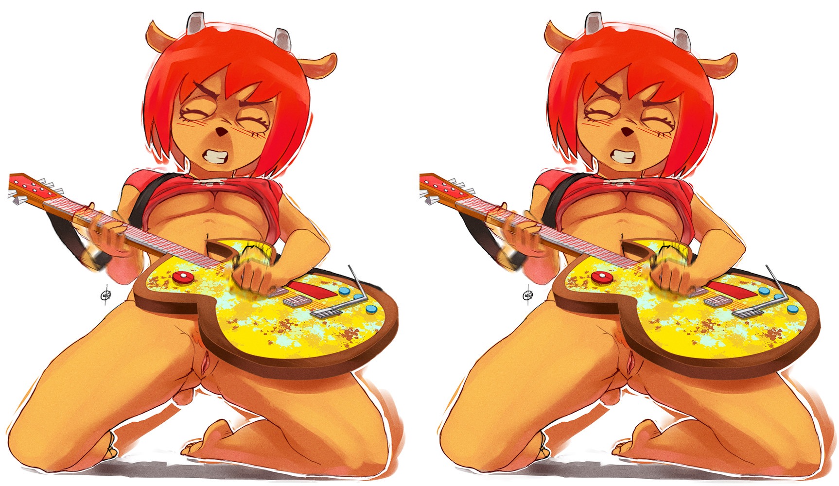 anthro biped bovid breasts caprine clothing cross_eye_stereogram e621 electric_guitar female genitals guitar hair hi_res horn kenno_arkkan kneeling knife lammy_lamb mammal musical_instrument parappa_the_rapper plucked_string_instrument red_hair sheep shirt side_by_side_stereogram solo sony_corporation sony_interactive_entertainment stereogram string_instrument topwear um_jammer_lammy under_boob vulva