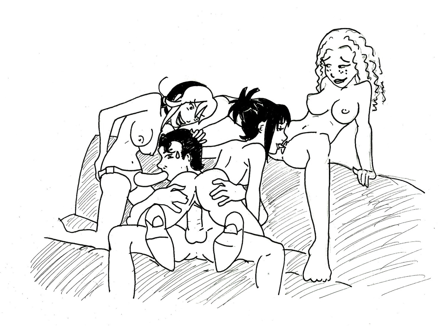 1boy 3girls black_and_white couch couch_sex cunnilingus curly_hair female fffm_foursome foursome gary_thompson male menage_a_3 mfff_foursome rule34 sandra_arden sex sketch strap-on strap-on_fellatio strapon sucking_strap-on suzi_nielsen topknot webcomic yuki_oyama zii